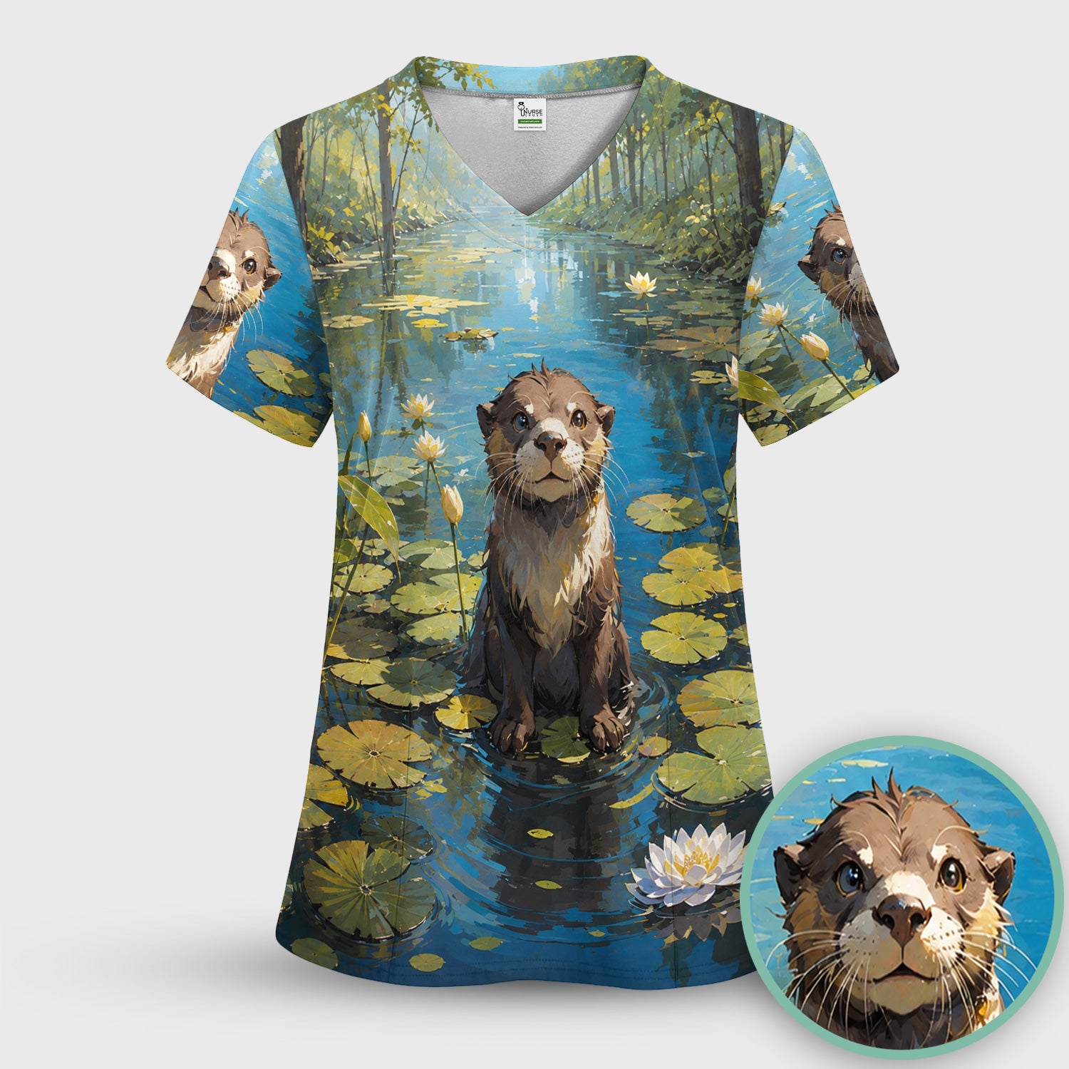 Cute Otter Pond Pattern Scrub Top, Comfortable Scrubs for Nurses
