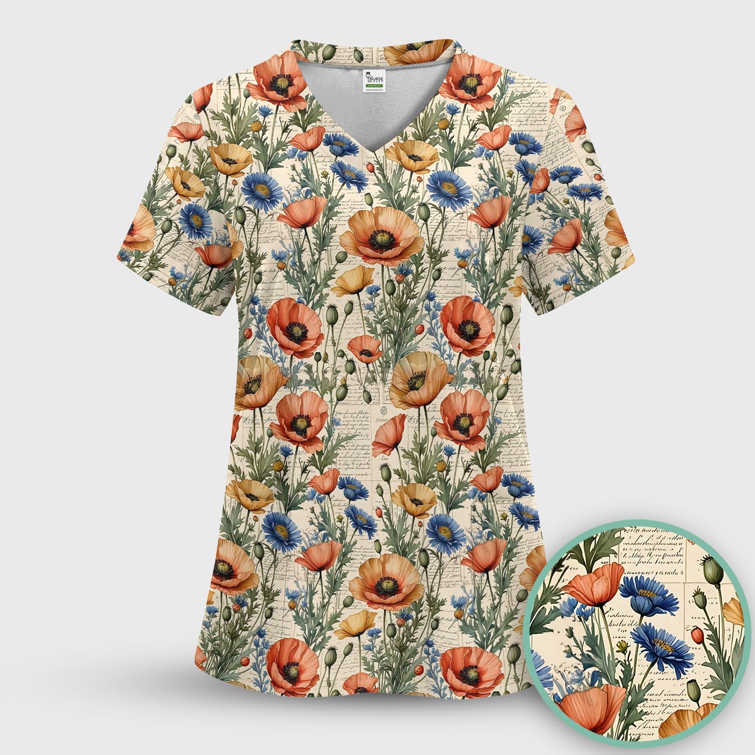 Vintage Poppy Wildflower Script Print Scrub Set, Scrub Pants and V Neck Top