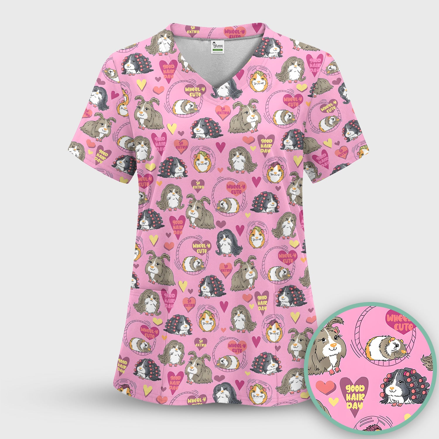 Cute Guinea Pig Heart Pattern Scrub Top, Comfortable Scrubs for Nurses