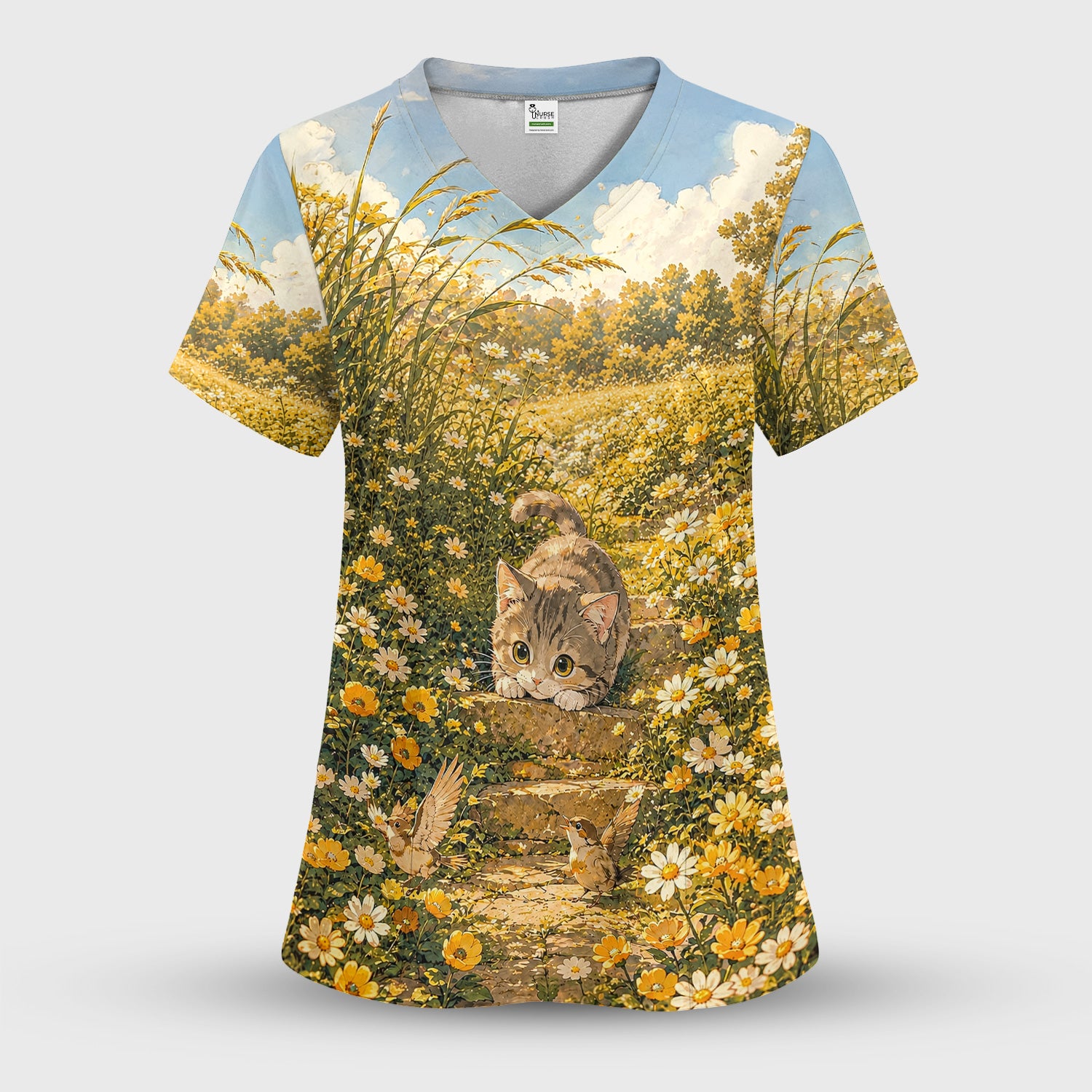Sunny Garden Cat Nurse Pattern, Floral Medical Scrub Top, Comfortable Scrubs for Nurses
