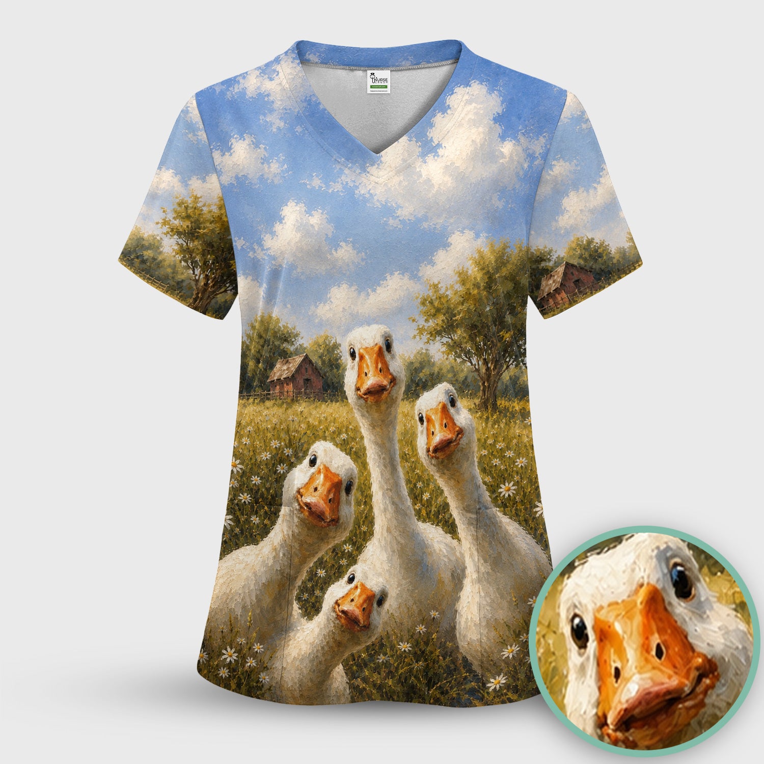 Cute Farmhouse Goose Meadow Pattern Scrub Top, Comfortable Scrubs for Nurses