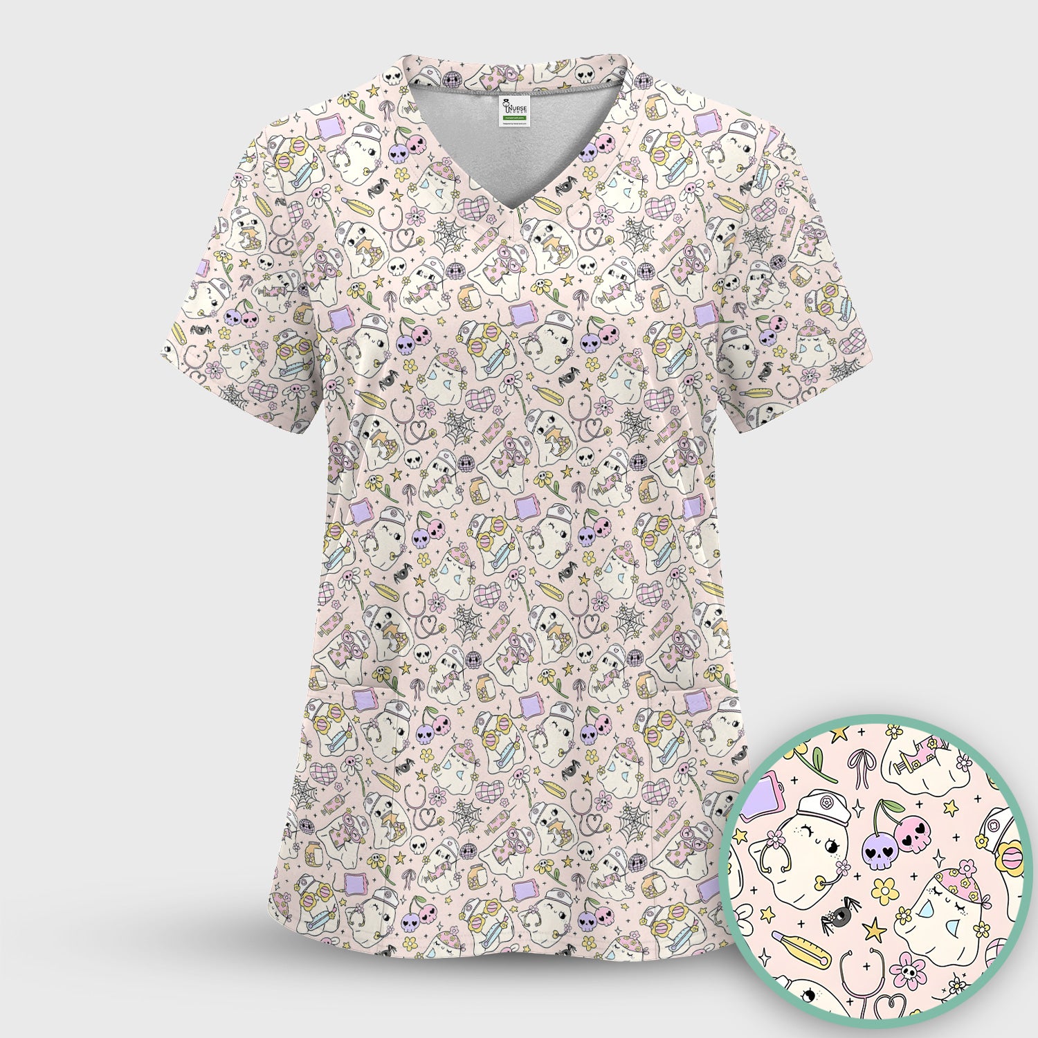 Cute Halloween Nurse Ghosts Pattern Scrub Top, Comfortable Scrubs for Nurses