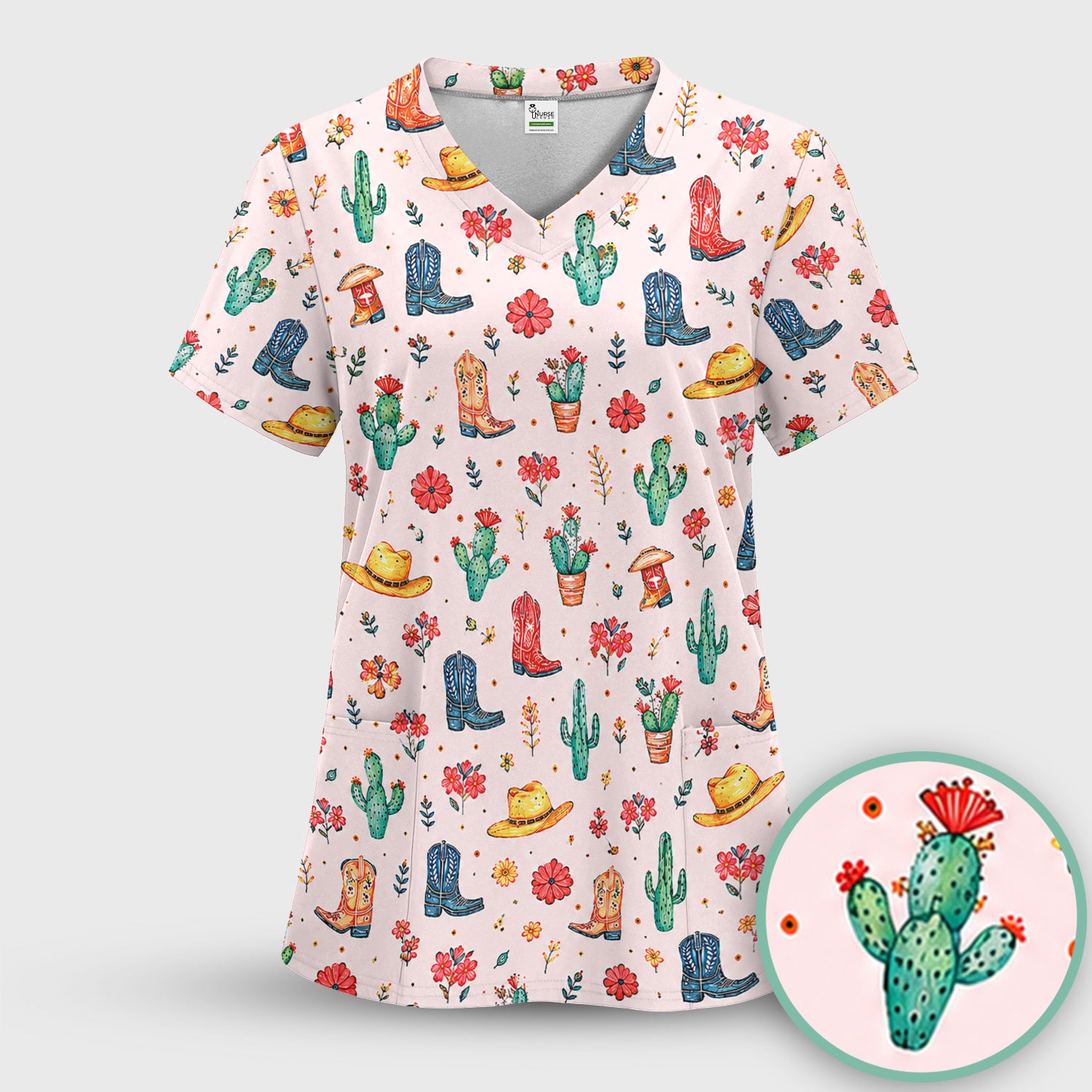 Whimsical Western Cactus Boots Pattern Scrub Top, Breathable Fabrics Nursing Uniform