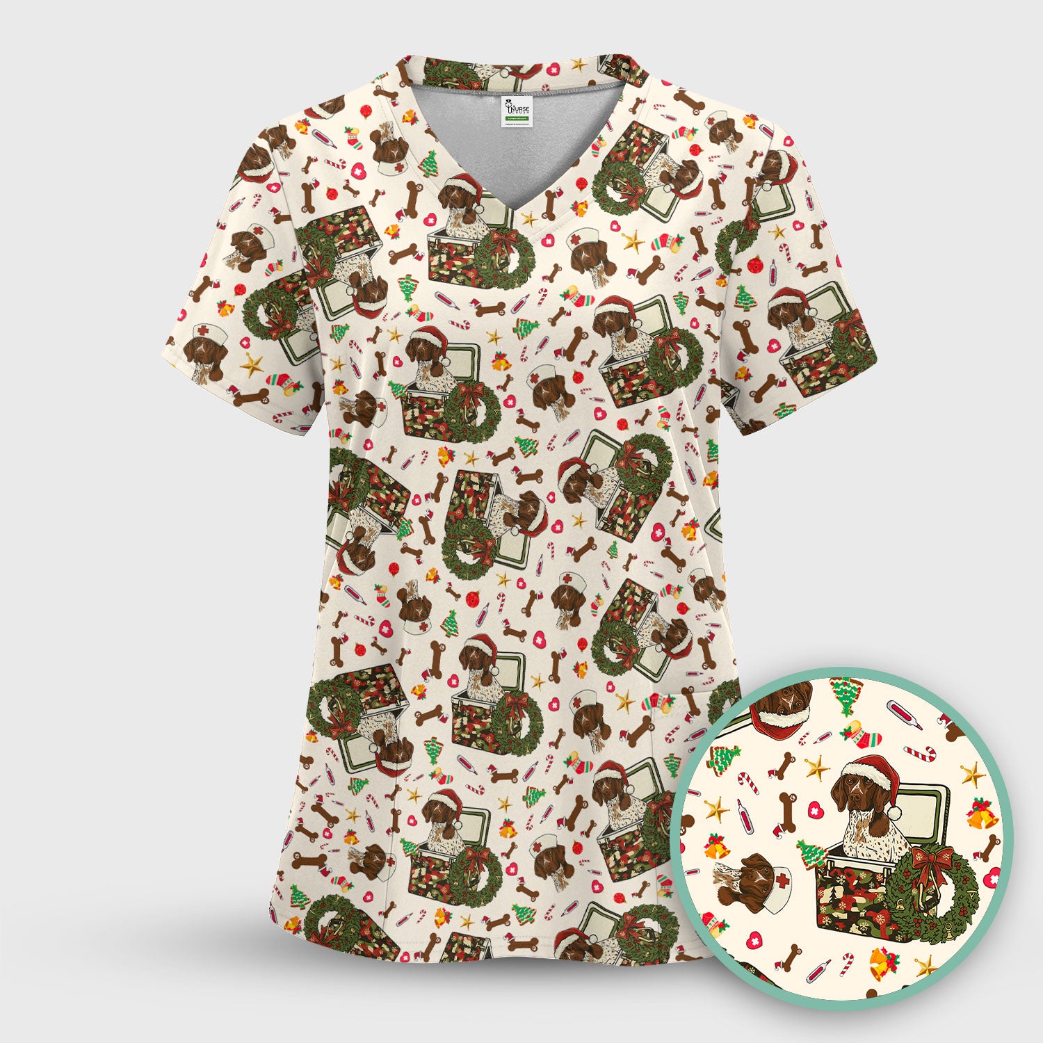Christmas Dachshund Scrub Top - Cute Sausage Dog Nurse Shirt - Funny Holiday Medical Uniform for Women RN LPN CNA Gift