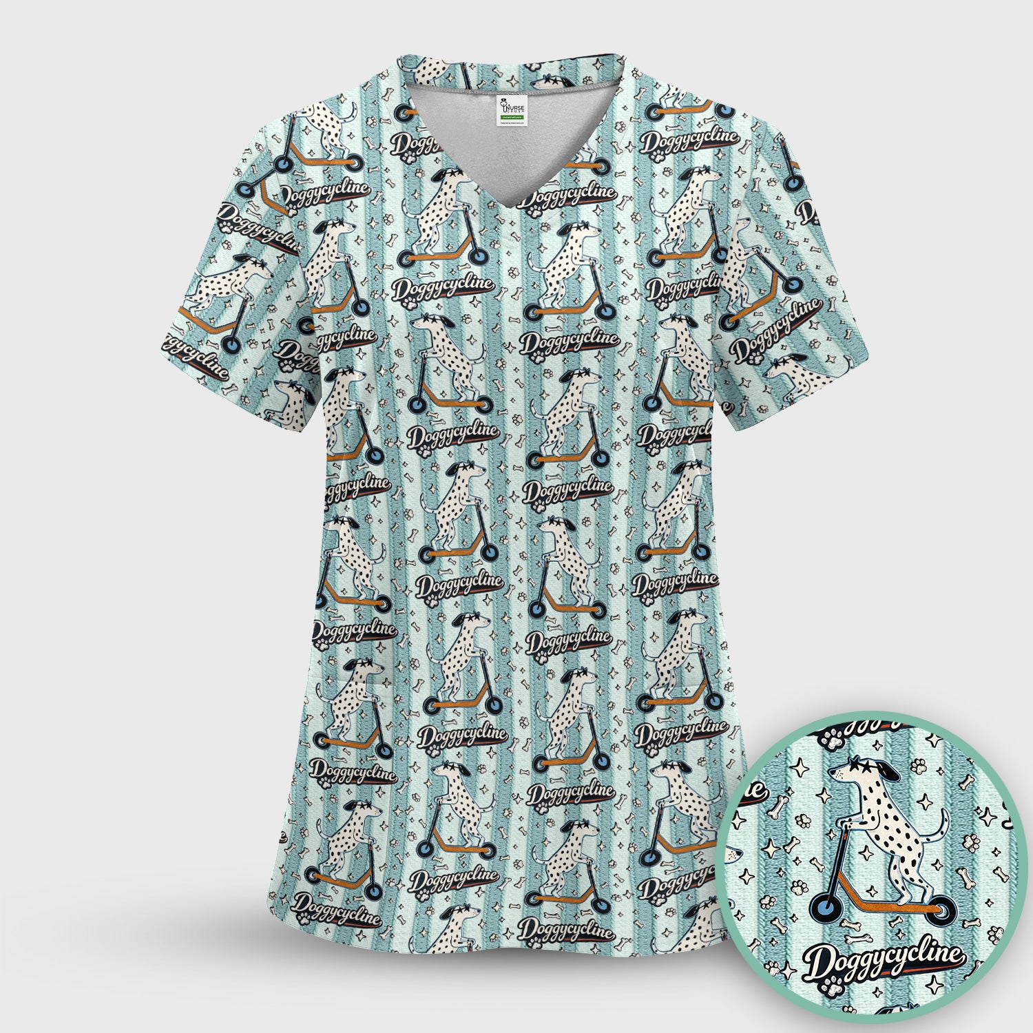Veterinary Dalmatian Dog Pattern Scrub Set, Scrub Pants and V Neck Top