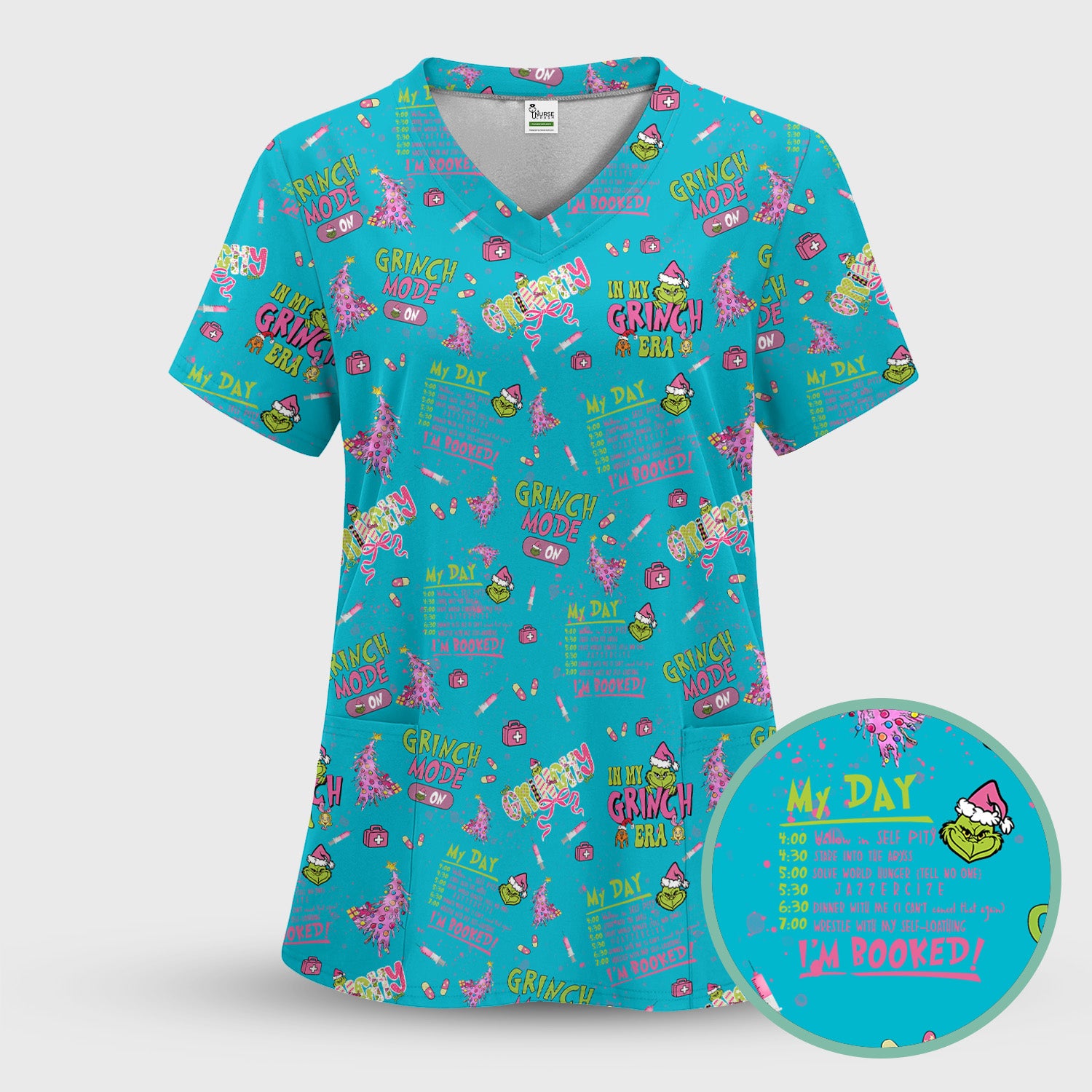Funny Christmas Scrub Top for Women - Grinch Mode On Holiday Nurse Uniform Shirt - Pink Grinchmas Gift for RN CNA LPN
