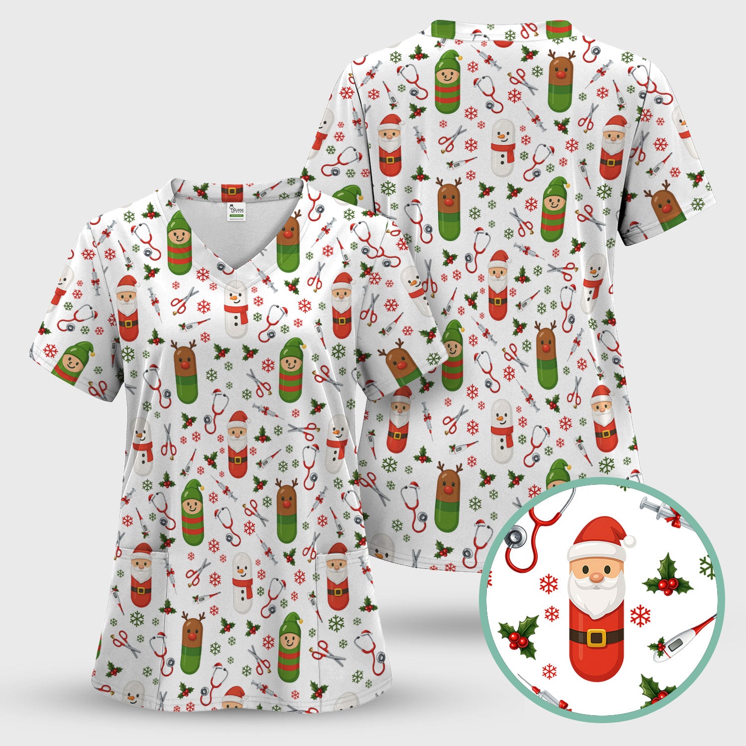 Santa Christmas Scrubs Set - Cute Holiday Pattern with Reindeer and Snowman - Fun Medical Scrub Top and Pants for Women Nurses