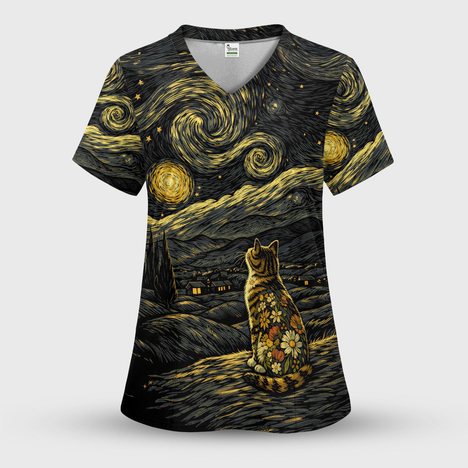Galaxy Night Sky Cat With Flowers Print Scrub Set, Breathable Med Uniform