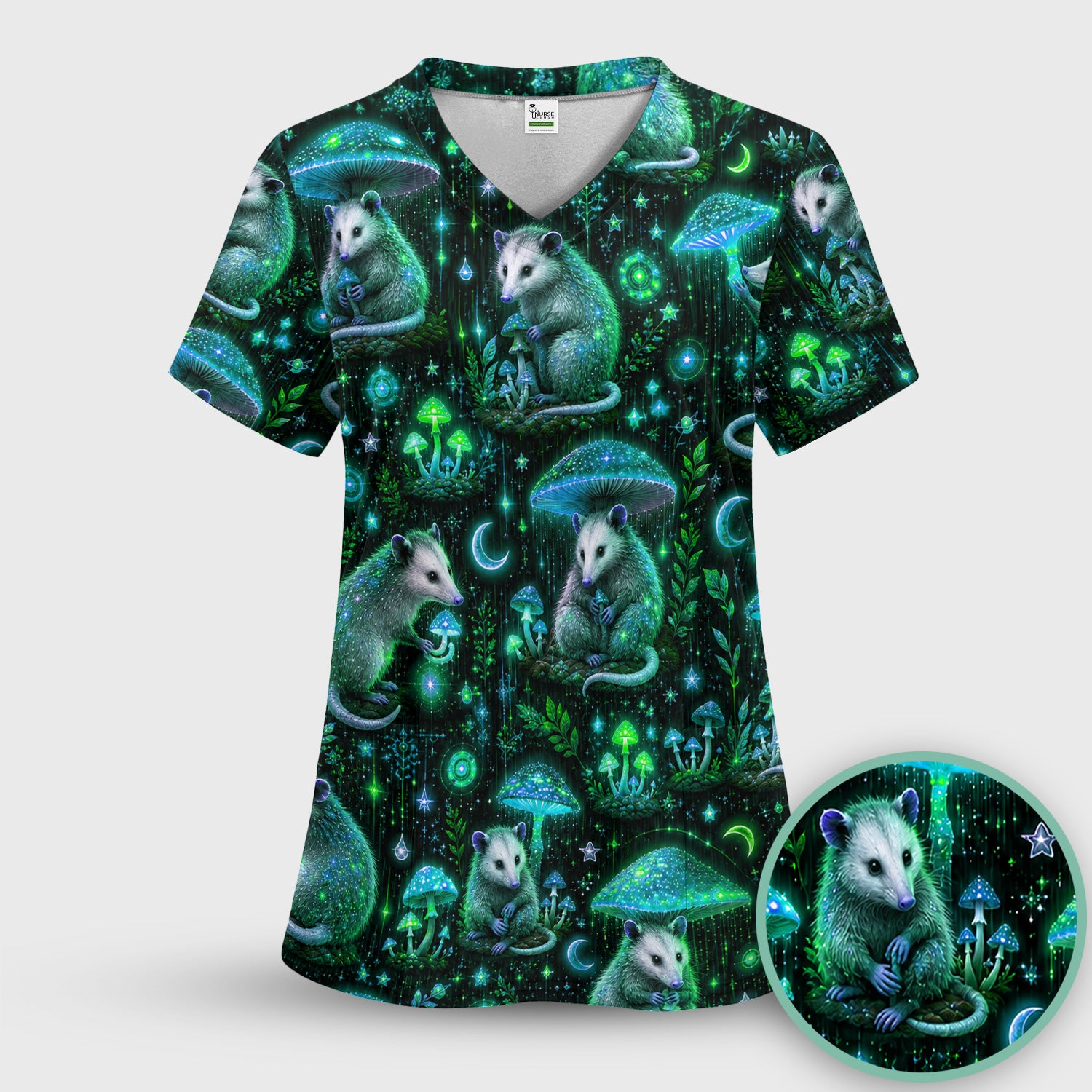 Moonlit Opossum Mushroom Pattern Scrub Set, Scrub Pants and V Neck Top