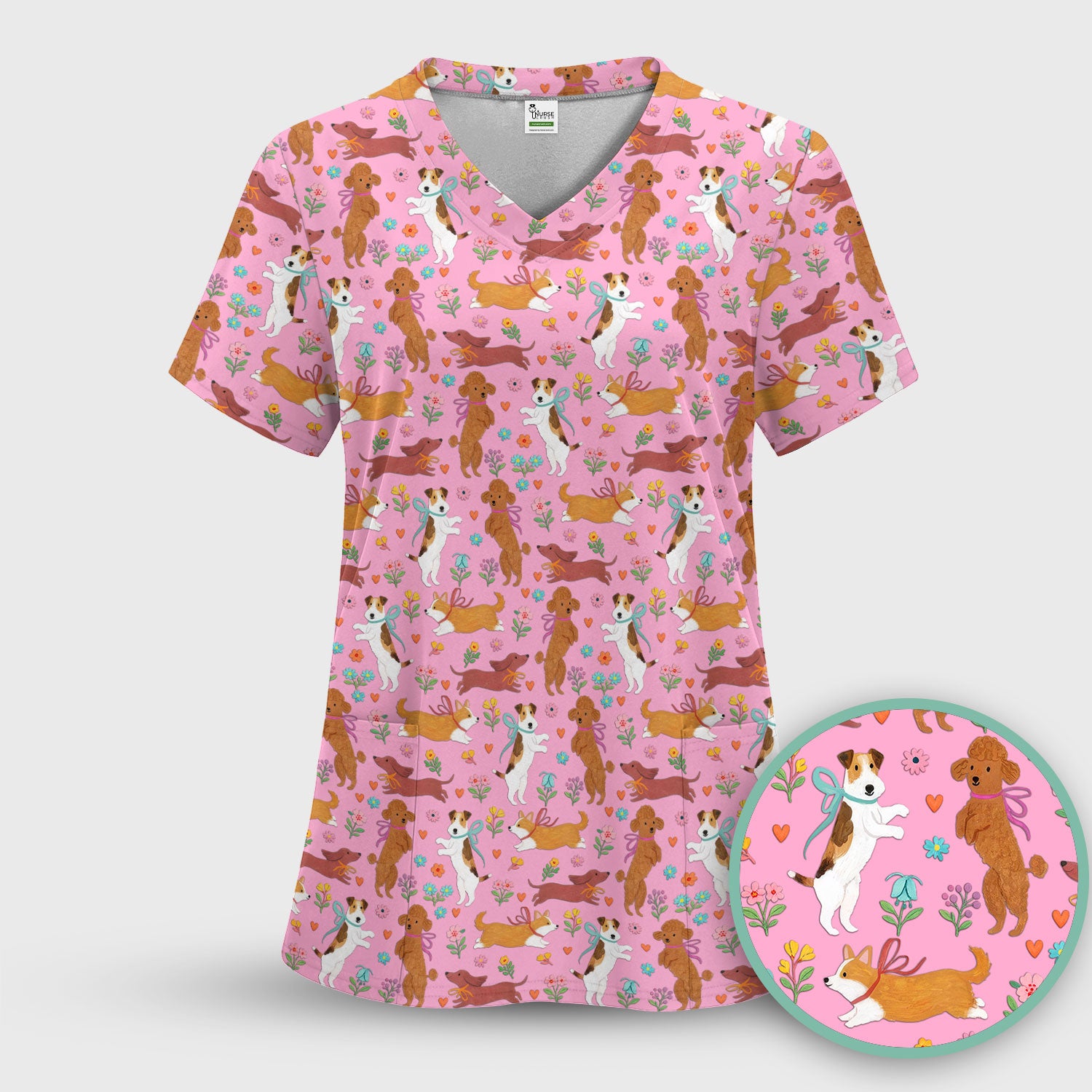 Cute Cartoon Dog Print Nurse Scrub Top, Comfortable Scrubs for Nurses