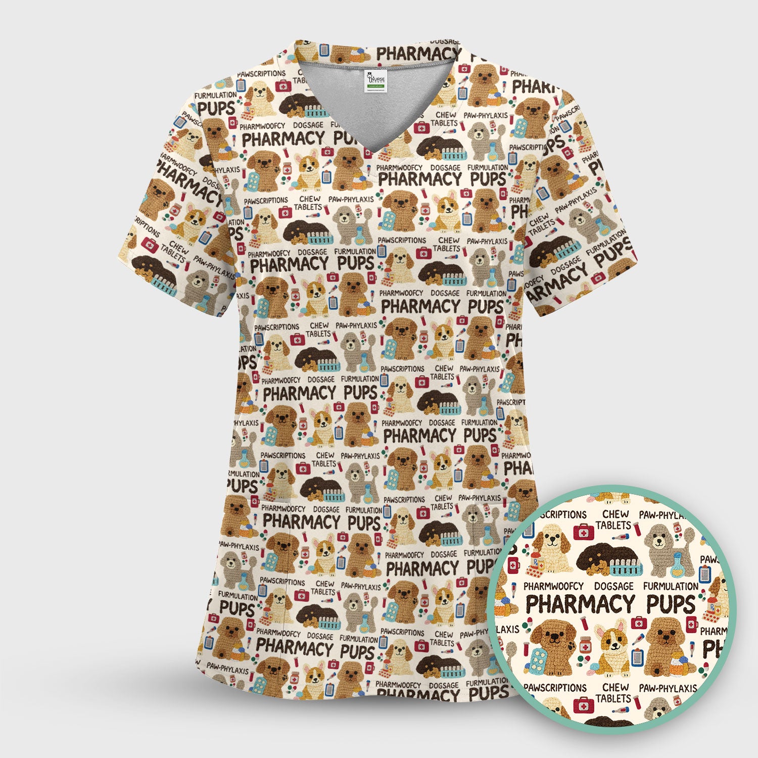 Pharmacy Pups Scrub Top for Women - Cute Dog Pattern Medical Shirt for Pharmacists & Vet Techs - Fun Blue Pharmacy Nurse Uniform