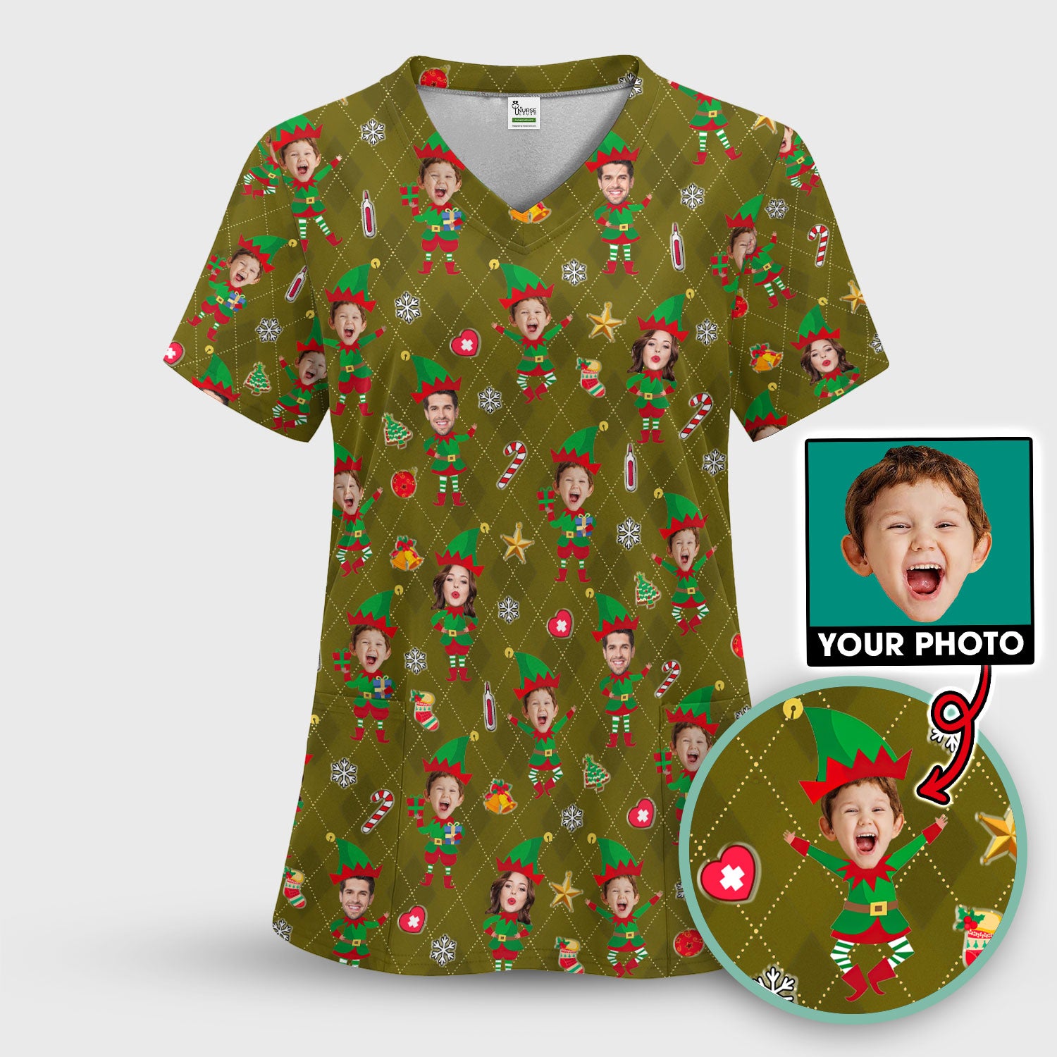 Personalized Face Nurse Shirt, Custom Photo Christmas Scrub Top, Funny Holiday Medical Uniform For Nursing