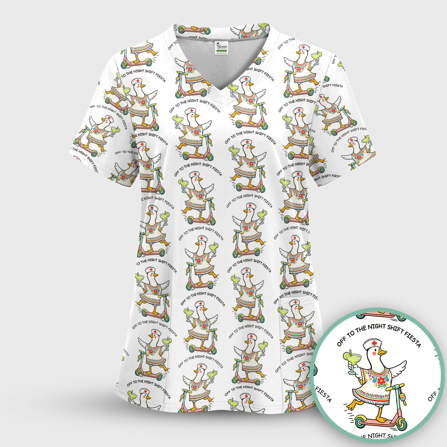 Funny Duck Scooter Night Shift Fiesta Scrub Top, Comfortable Scrubs for Nurses