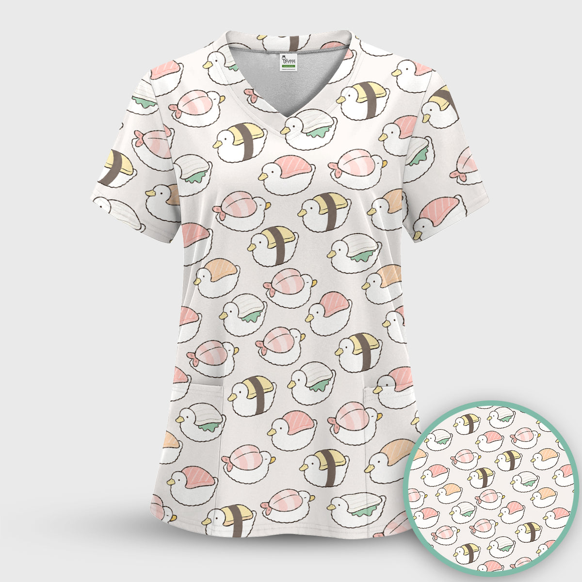 Cute Nigiri Sushi Ducks Pattern Scrub Top, Comfortable Scrubs for Nurses