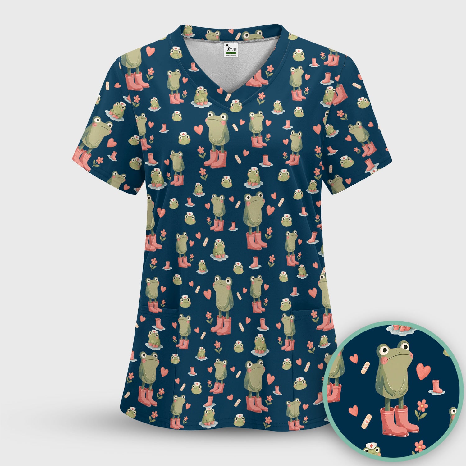 Adorable Frog Boots Heart Pattern Scrub Top, Comfortable Scrubs for Nurses