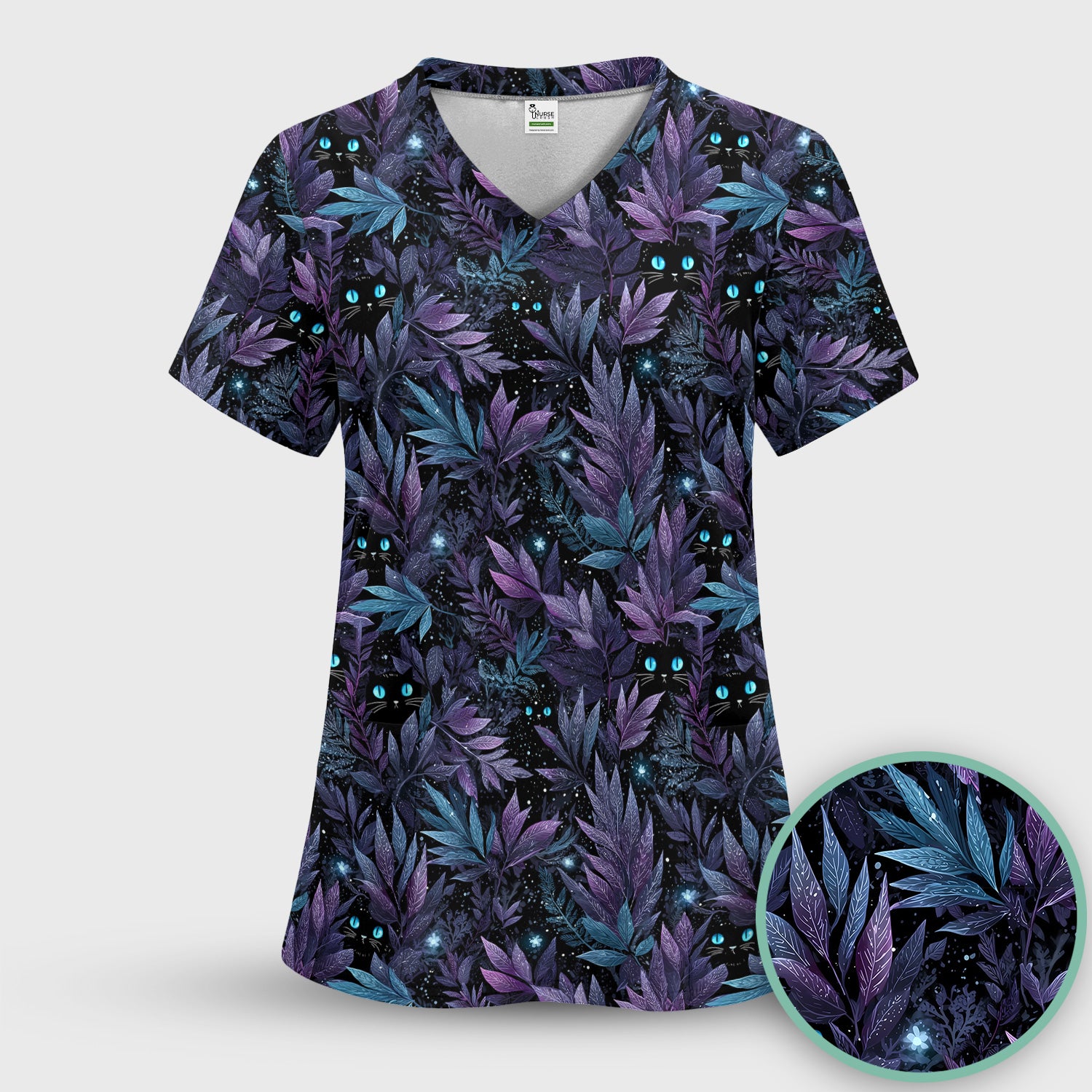Mystic Black Cat Veterinary Pattern Scrub Set, Scrub Pants and V Neck Top