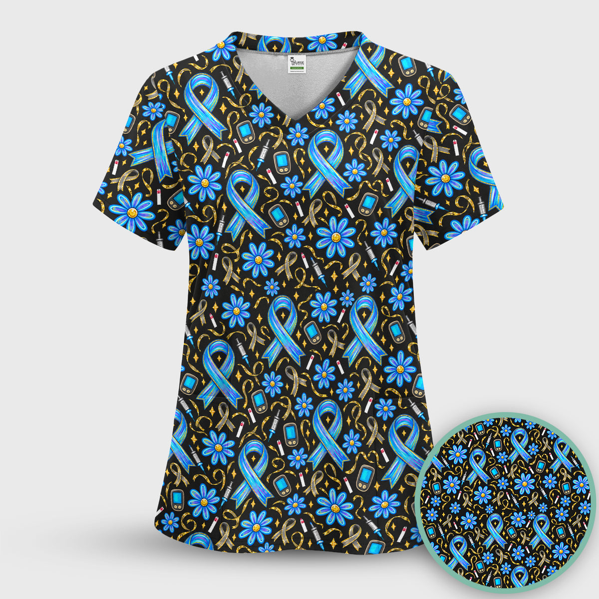 Diabetes Awareness Ribbon Pattern Scrub Top, Comfortable Scrubs for Nurses