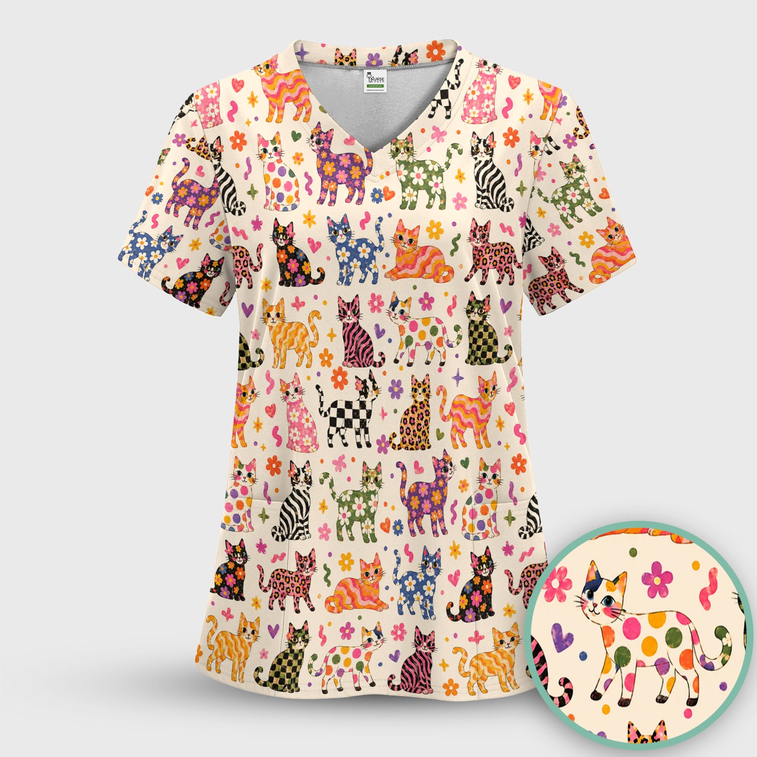 Colorful Cat with Floral Print Scrub Set, Scrub Pants and V Neck Top