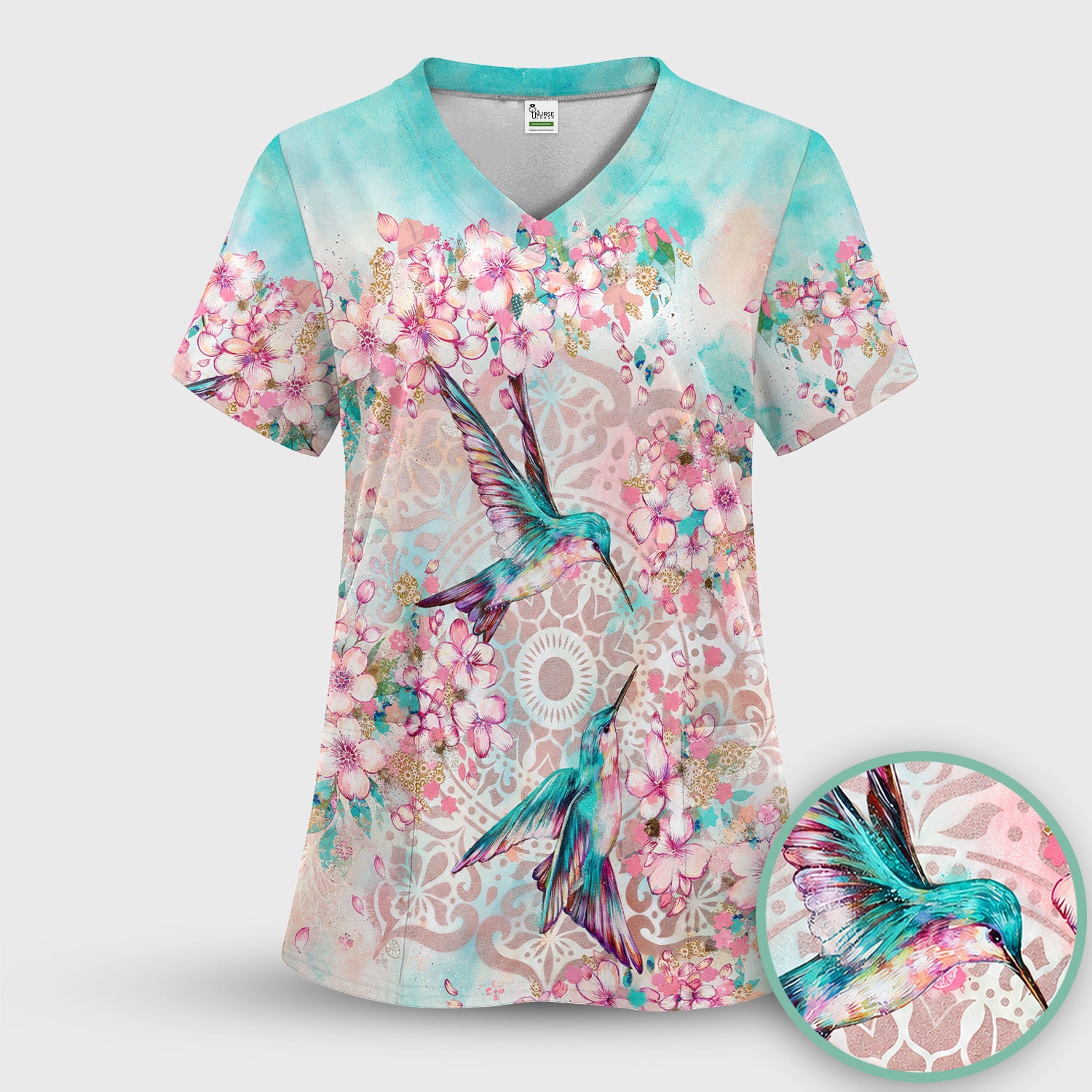 Charming Hummingbird Cherry Blossom Pattern Scrub Top, Comfortable Scrubs for Nurses