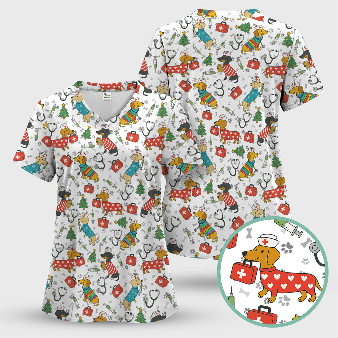 Funny Dachshund Scrub Shirt - Christmas Dog Print Scrubs Multi Color - Holiday Nurse Scrub Top Gift for Women, Men, CNA, RN, Medical Staff