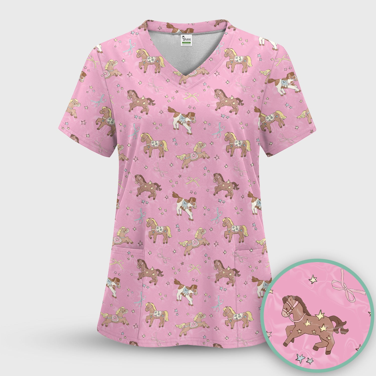 Cute Pony Star Pattern Scrub Top, Comfortable Scrubs for Nurses