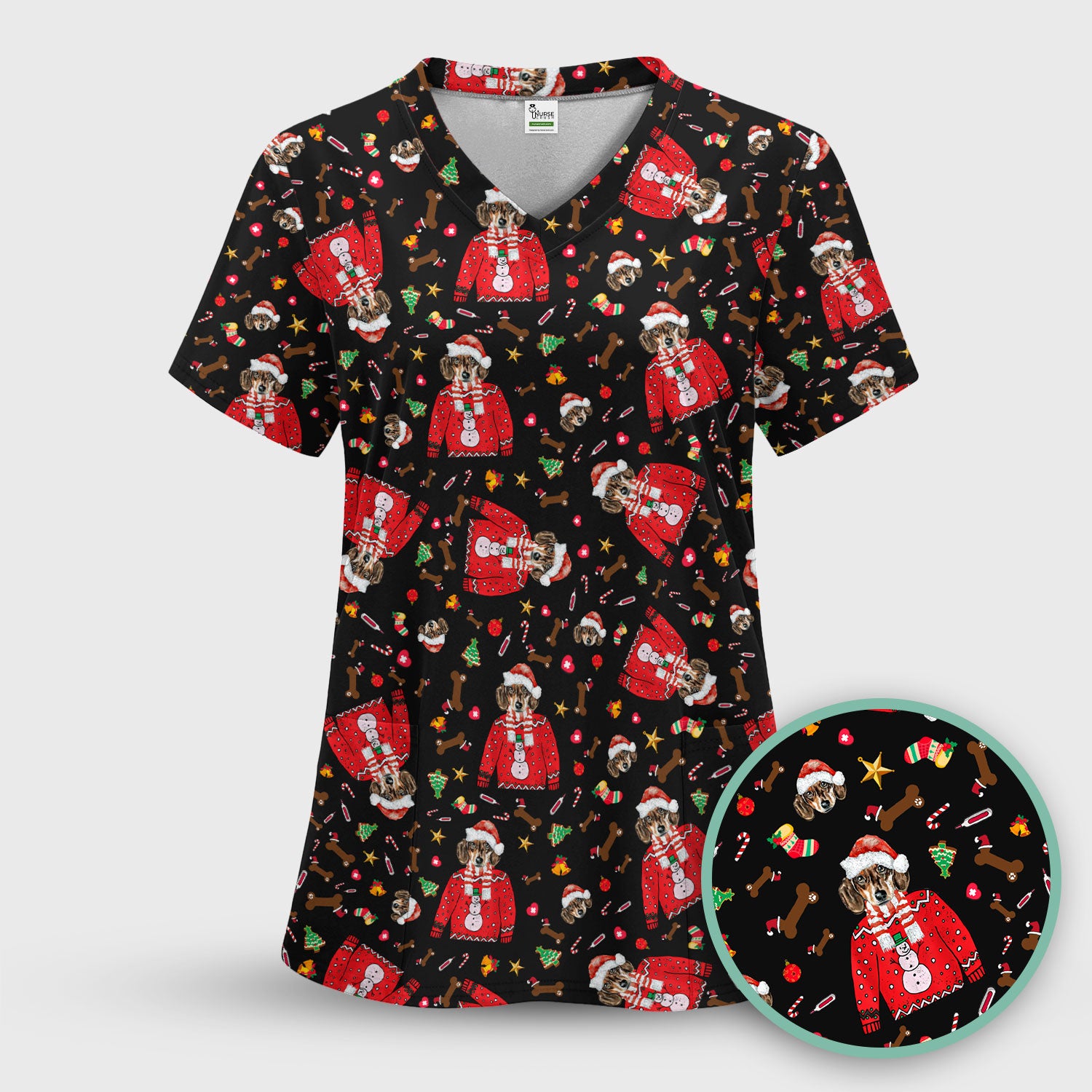 Funny Dog Christmas Scrub Top – Cute Puppy in Santa Outfit Pattern – Festive Holiday Medical Uniform For Nurses And Pet Lovers