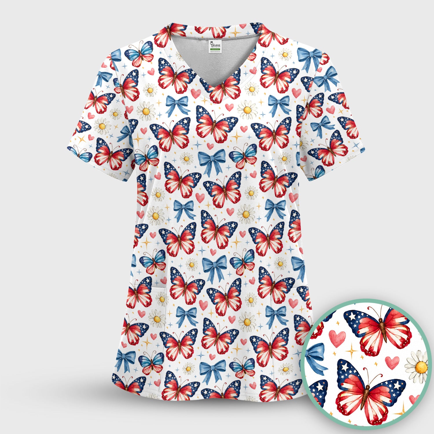 Patriotic Butterfly Bow Daisy Pattern Scrub Top, Comfortable Scrubs for Nurses