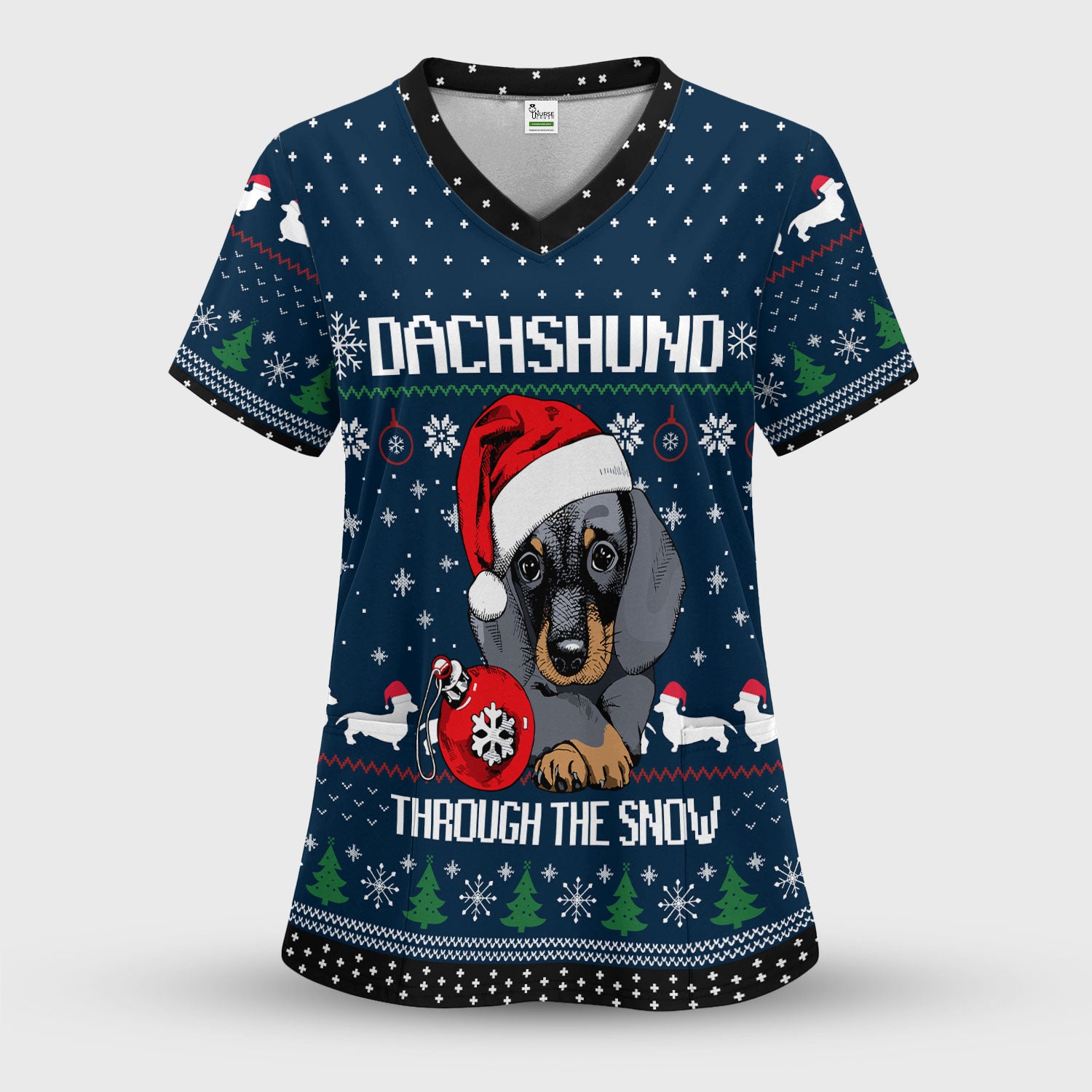 Dachshund Christmas Scrub Top - Funny Sausage Dog Nurse Shirt - Cute Holiday Scrubs for Women RN LPN CNA Gift