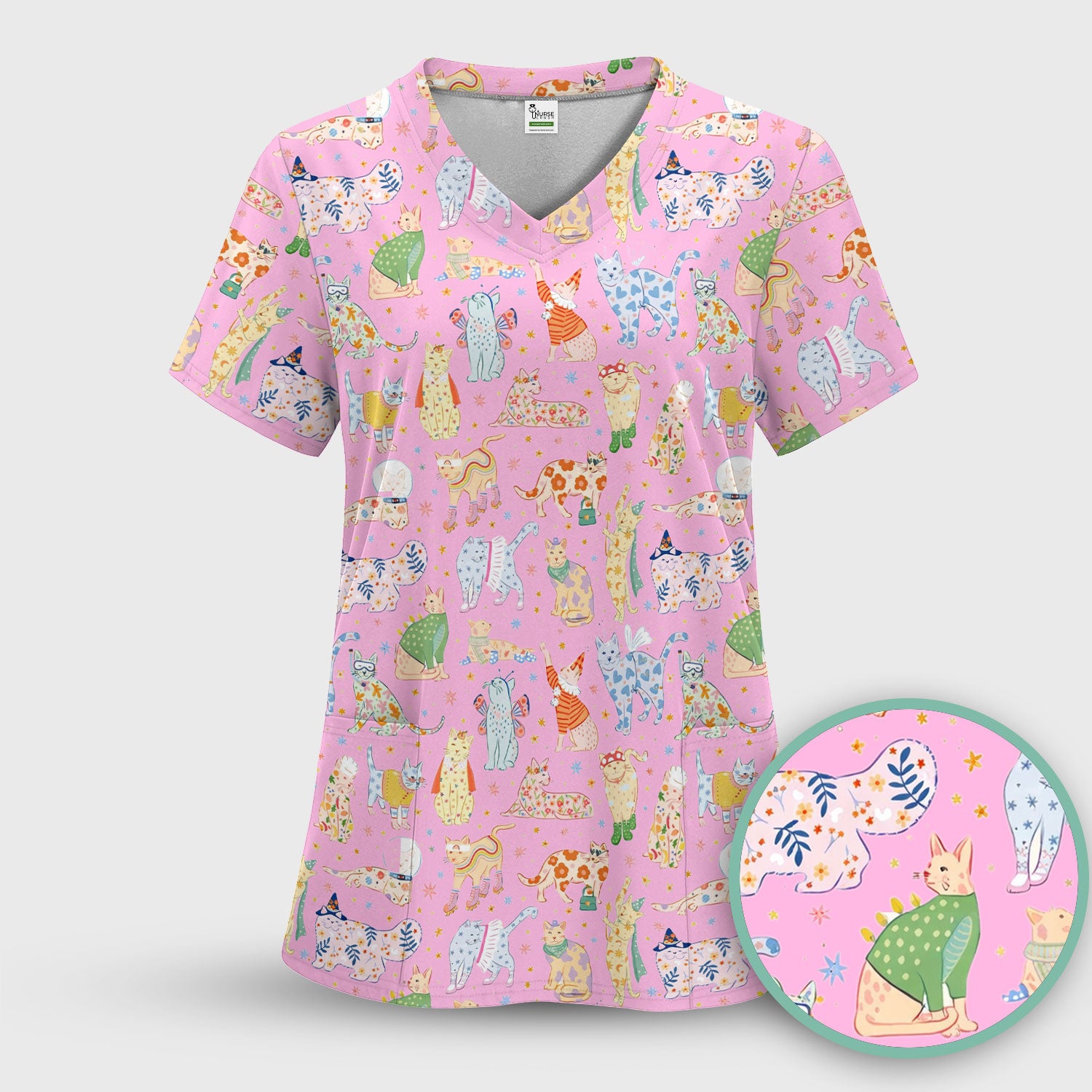 Colorful Pastel Cartoon Cats Print Scrub Top, Breathable Fabrics Nursing Uniform