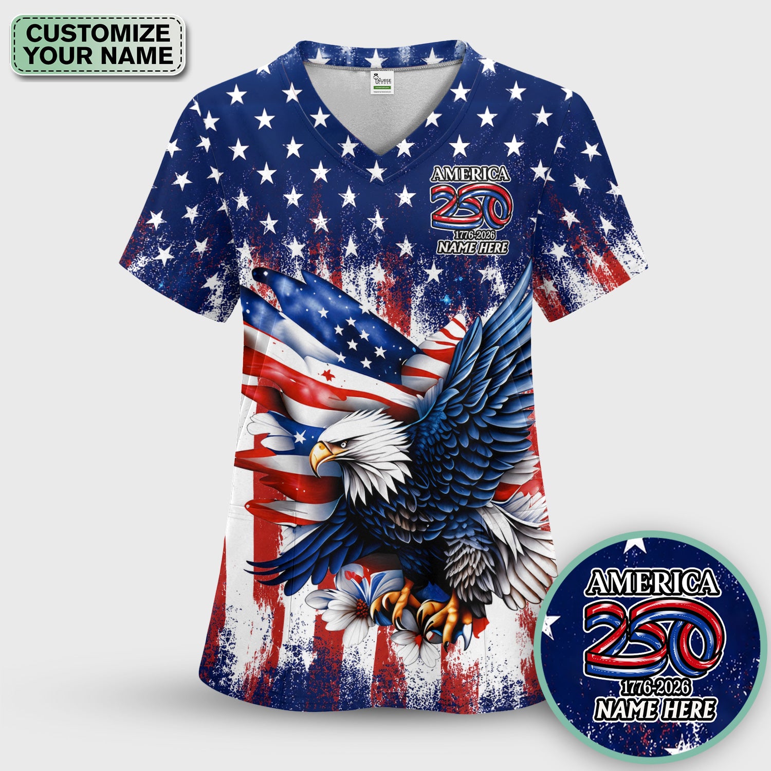 Personalized Patriotic Eagle Flag Pattern Scrub Set, Scrub Pants and V Neck Top