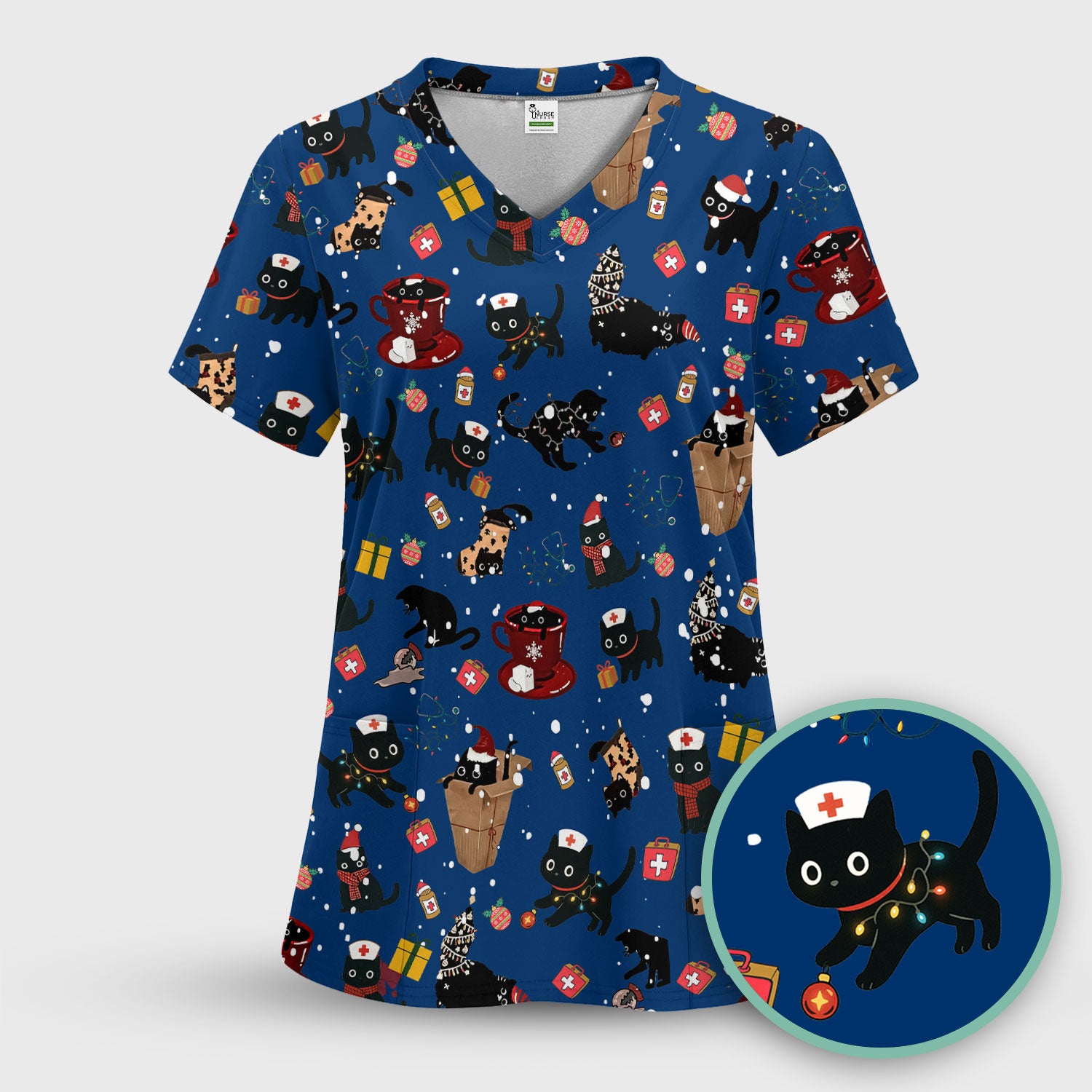 Funny Cat Scrub for Women - Christmas Black Cats Comfortable Scrubs for Nurses - Breathable Fabrics Nursing Uniform
