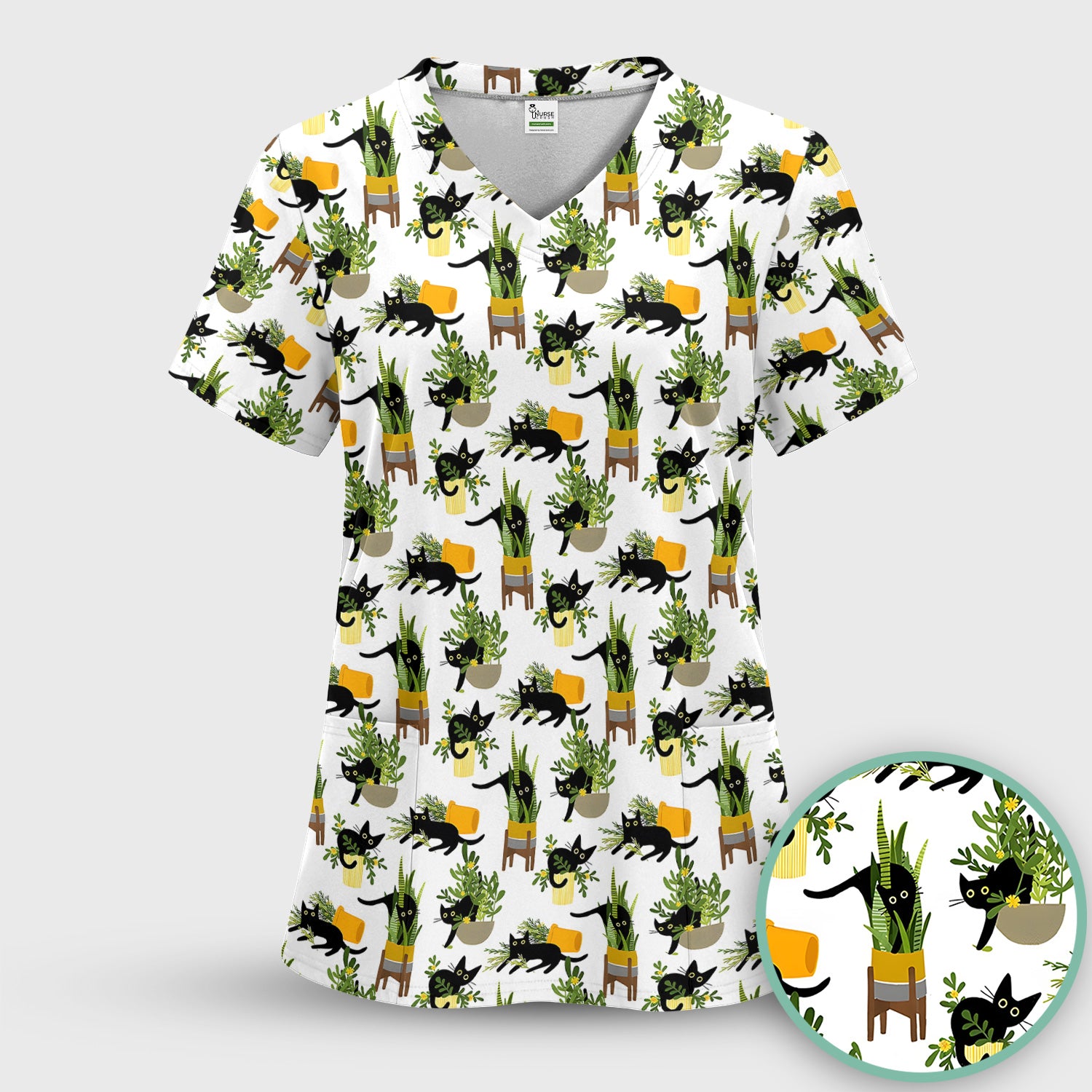 Black Cat Plant Pots Pattern Scrub Set, Scrub Pants and V Neck Top