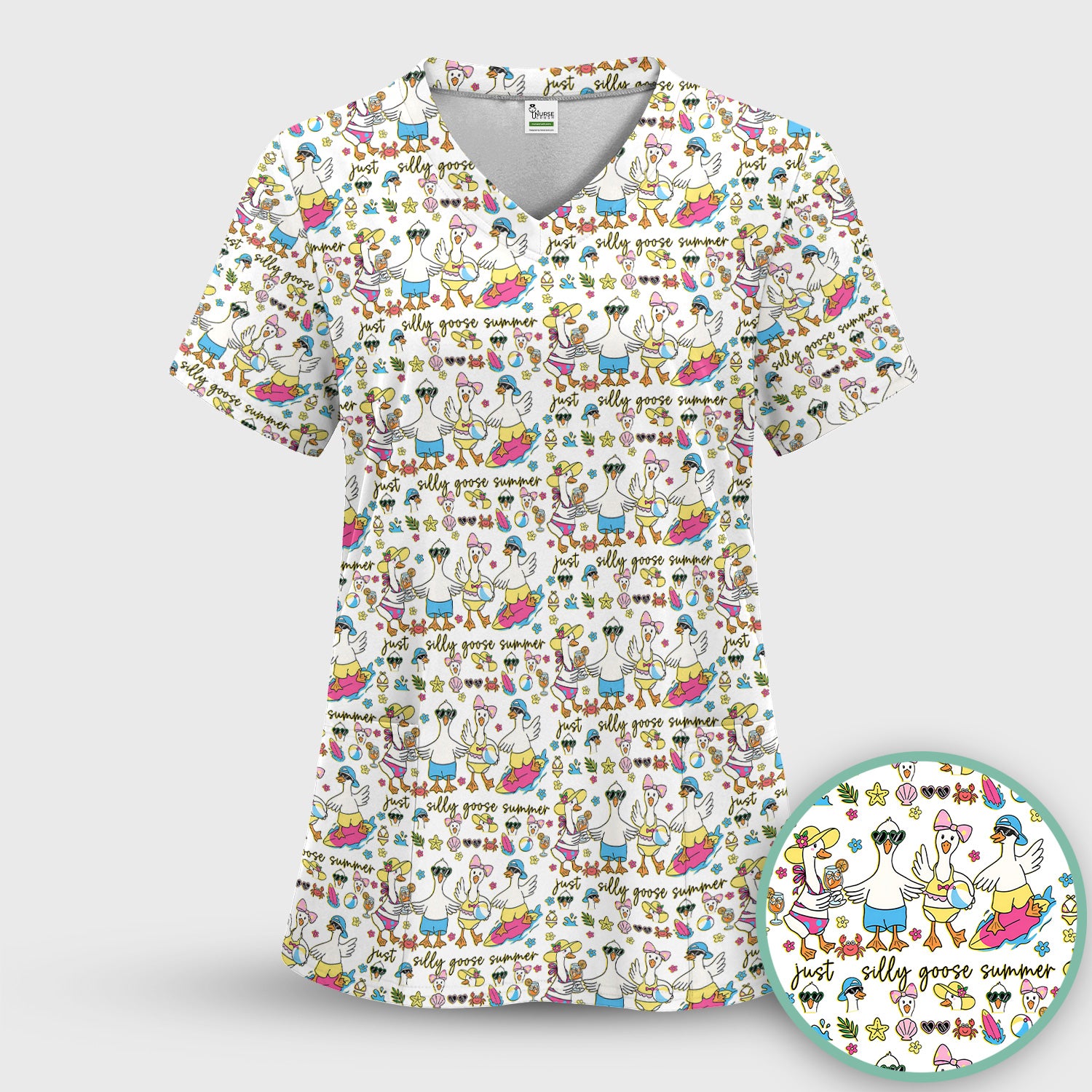 Silly Goose Summer Pattern Scrub Top, Breathable Fabrics Nursing Uniform