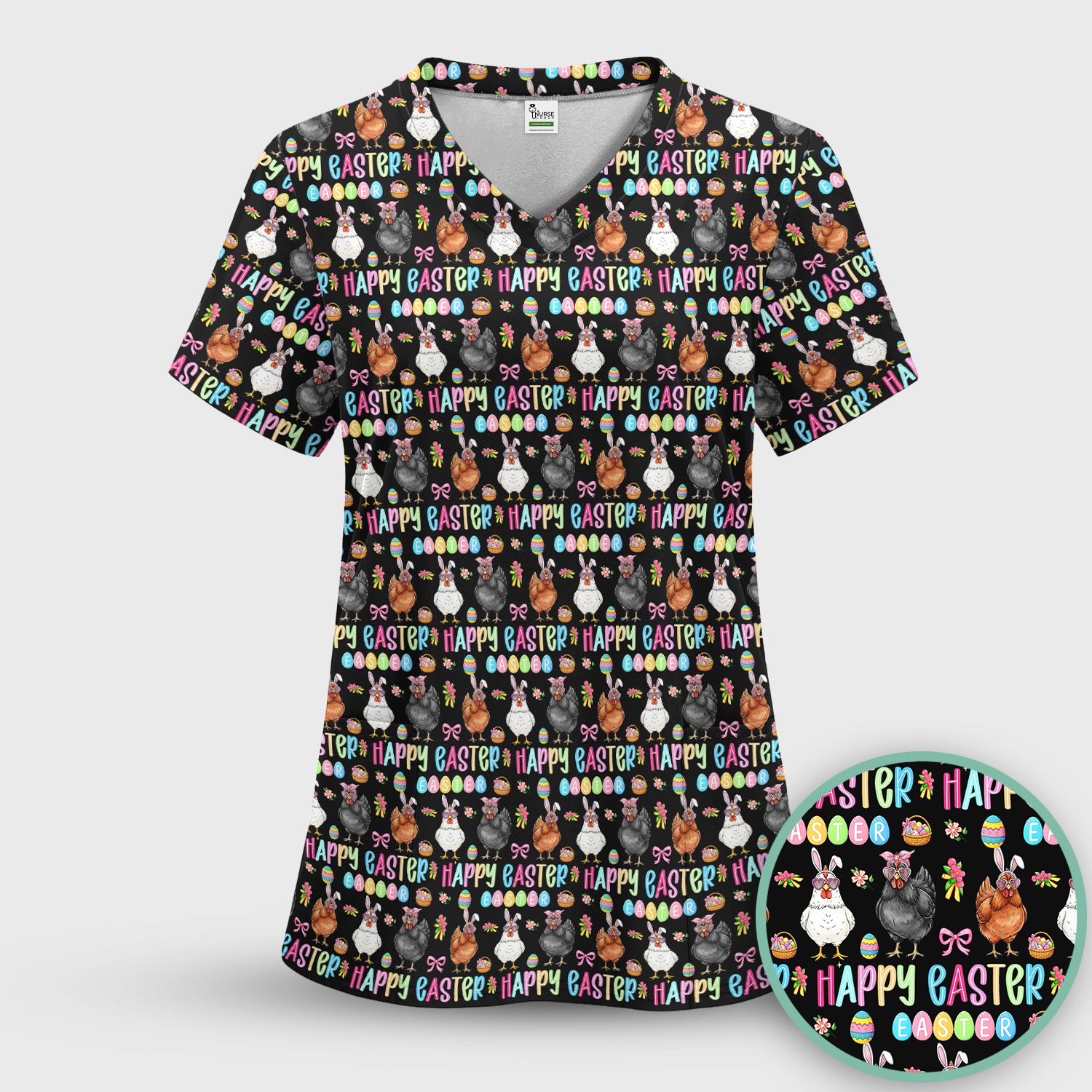 Happy Easter Bunny Eggs Pattern Scrubs Top, Comfortable Scrubs for Nurses