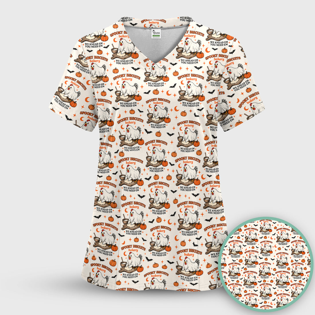 Halloween Spooky Biscuits Chicken Pattern Scrub Set, Scrub Pants and V Neck Top