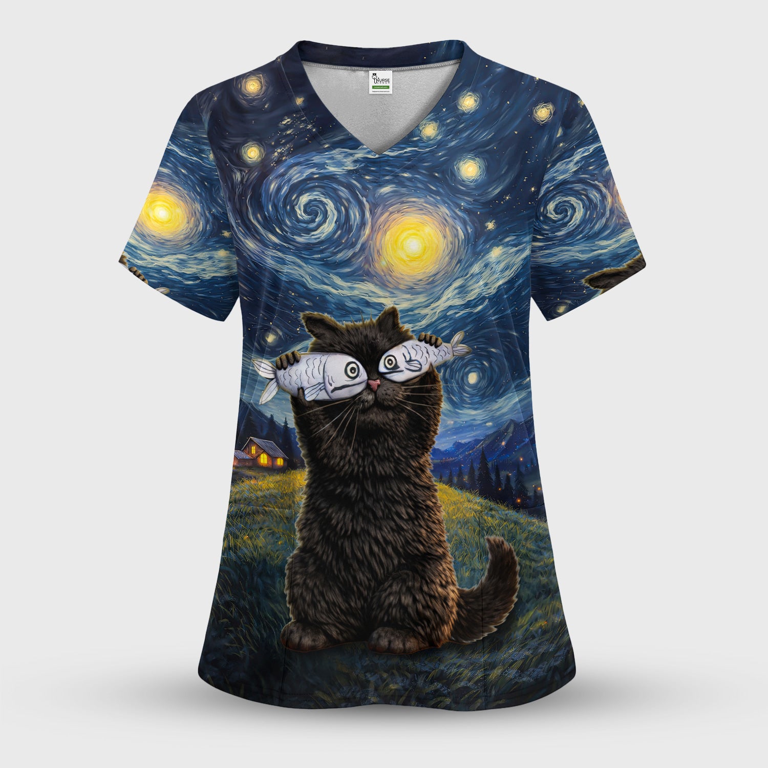 Galaxy Swirl Cat Art V Neck Medical Scrub Set for Healthcare Workers