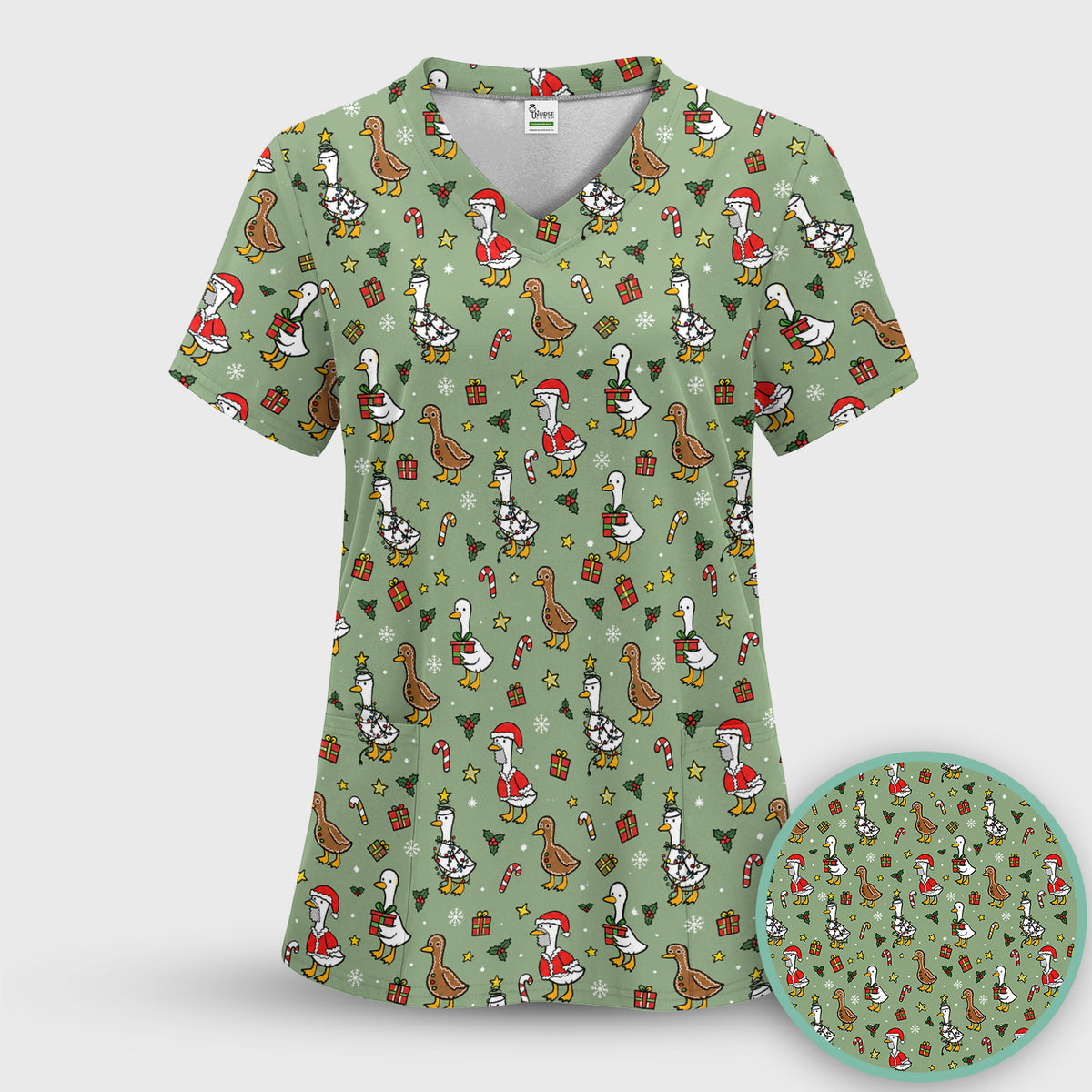 Christmas Geese In Festive Costumes Scrub Set, Scrub Pants and V Neck Top