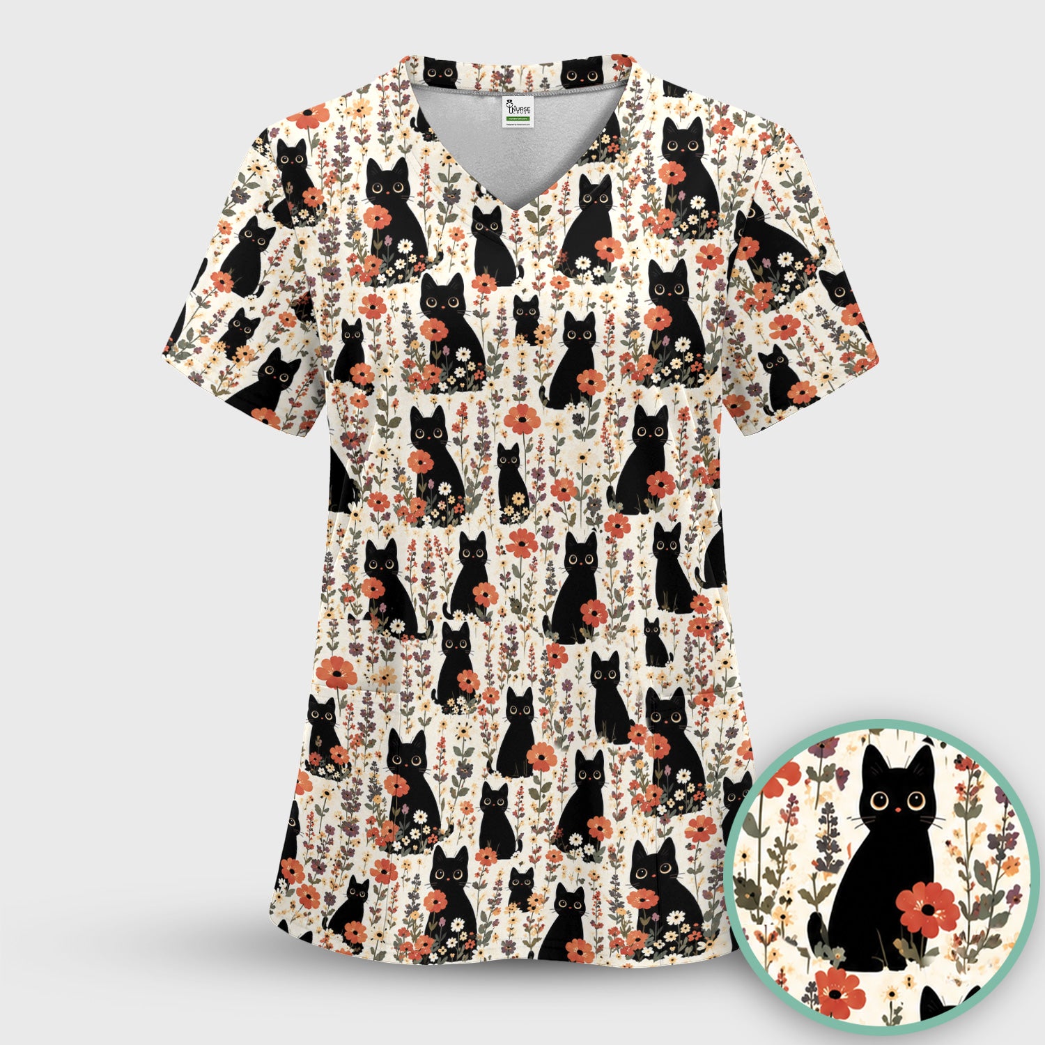 Cute Black Cat Wildflower Pattern Scrub Set, Scrub Pants and V Neck Top