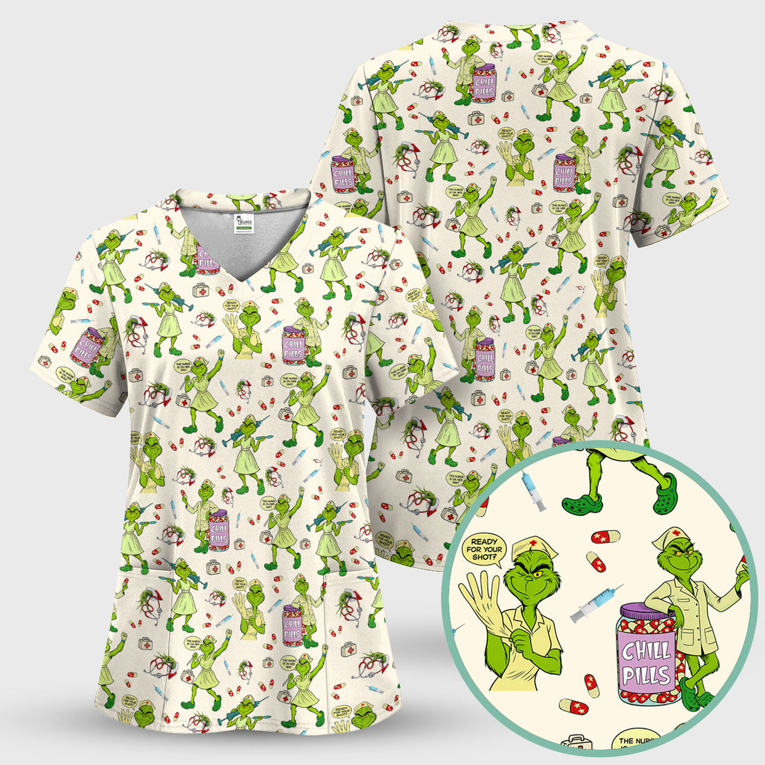 Funny Grinch Nurse Scrub Top Multi Color - Chill Pills Nursing Scrub Shirt - Cute Christmas Holiday Workwear with Pockets
