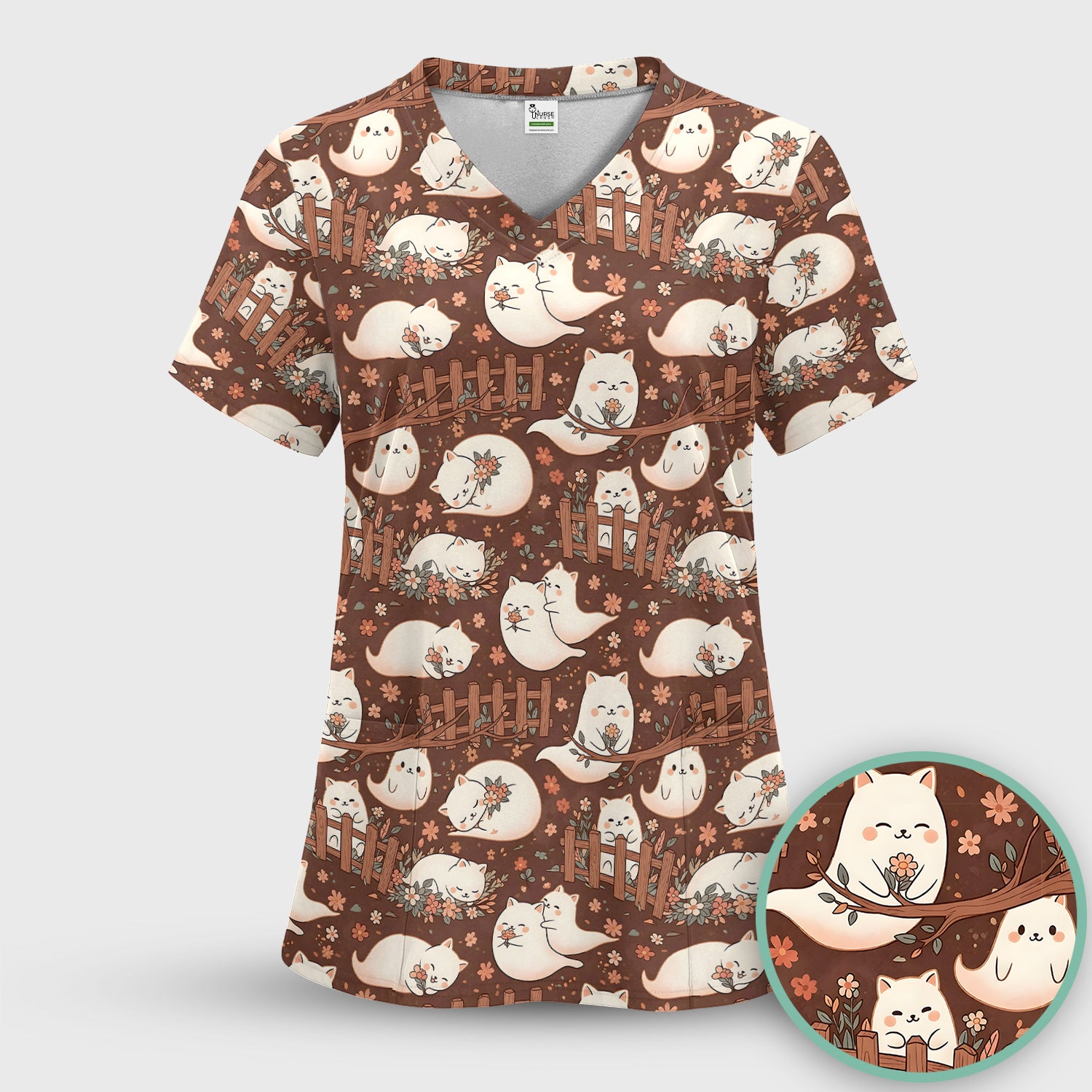 Floral Cat with Garden Fence Print Scrub Set, Scrub Pants and V Neck Top