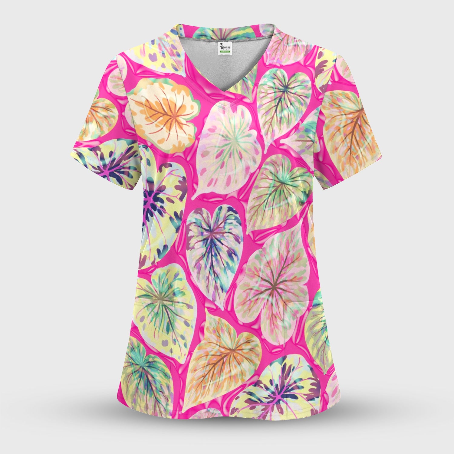 Tropical Colorful Shaped Leaf Nurse Pattern Scrub Top, Breathable Medical Scrubs