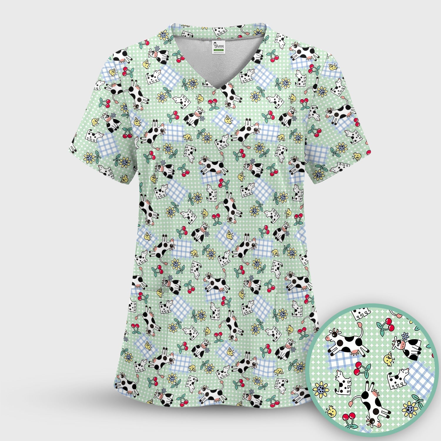 Cute Cow Cherry Farm Garden Pattern Nurse Scrub Set, Scrub Pants and V Neck Top