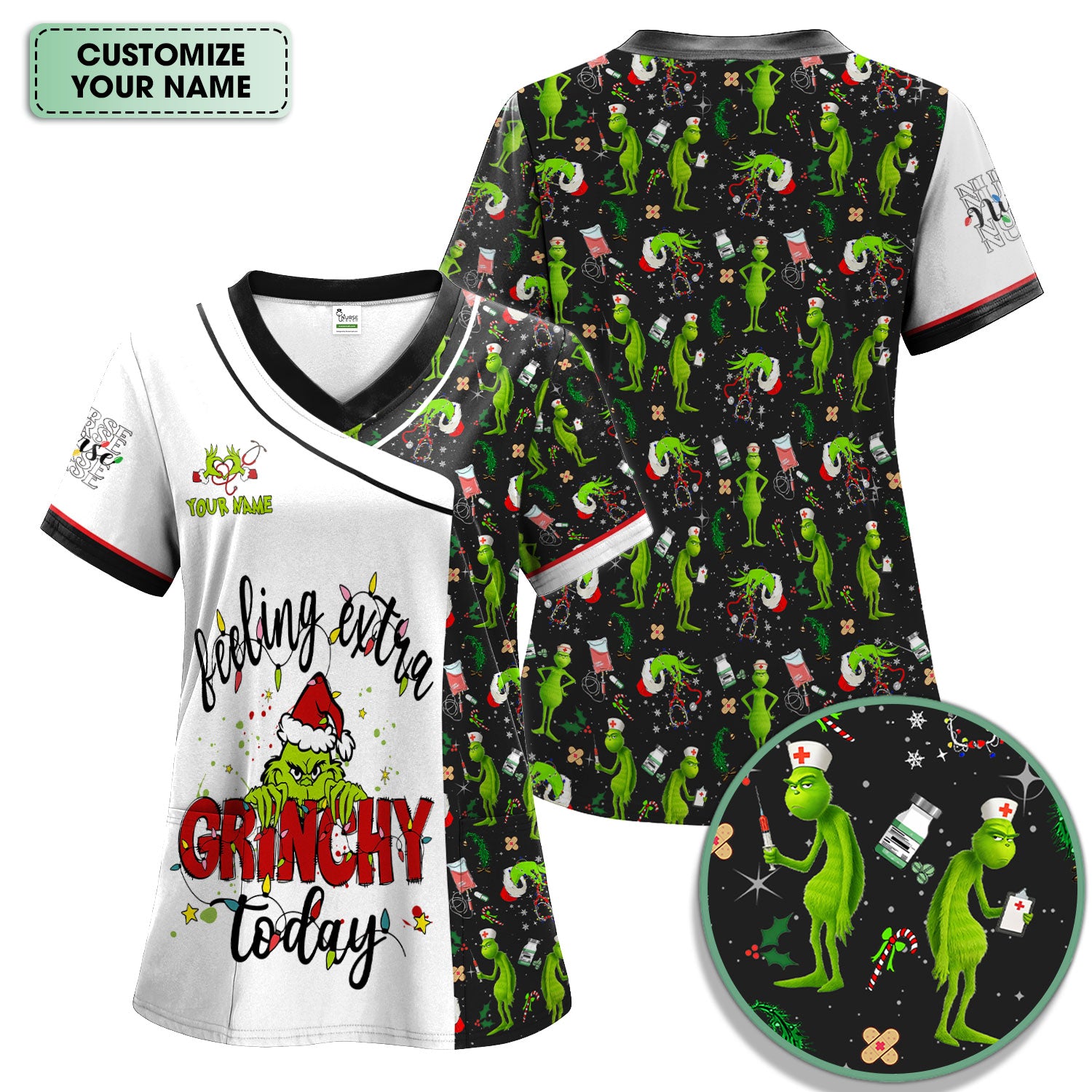 Custom Grinch Nurse Scrub Top Multi Color - Feeling Extra Grinchy Today Christmas Scrub Shirt - Funny Holiday Nursing Workwear