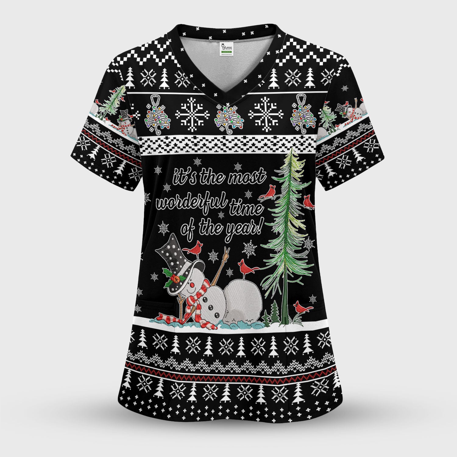 Snowman Christmas Scrub Top, Funny Holiday Nurse Shirt, It's The Most Wonderful Time Of The Year Uniform FOr Nursing