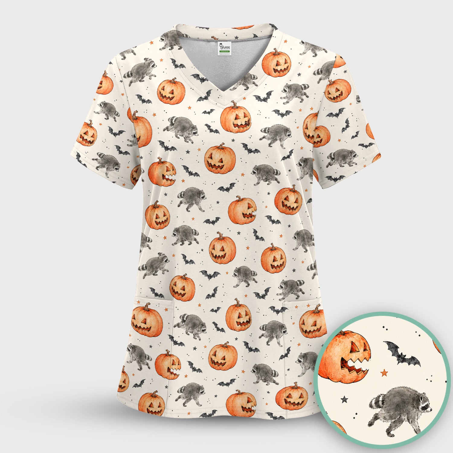 Spooky Halloween Raccoon And Pumpkin Scrub Set, Scrub Pants and V Neck Top