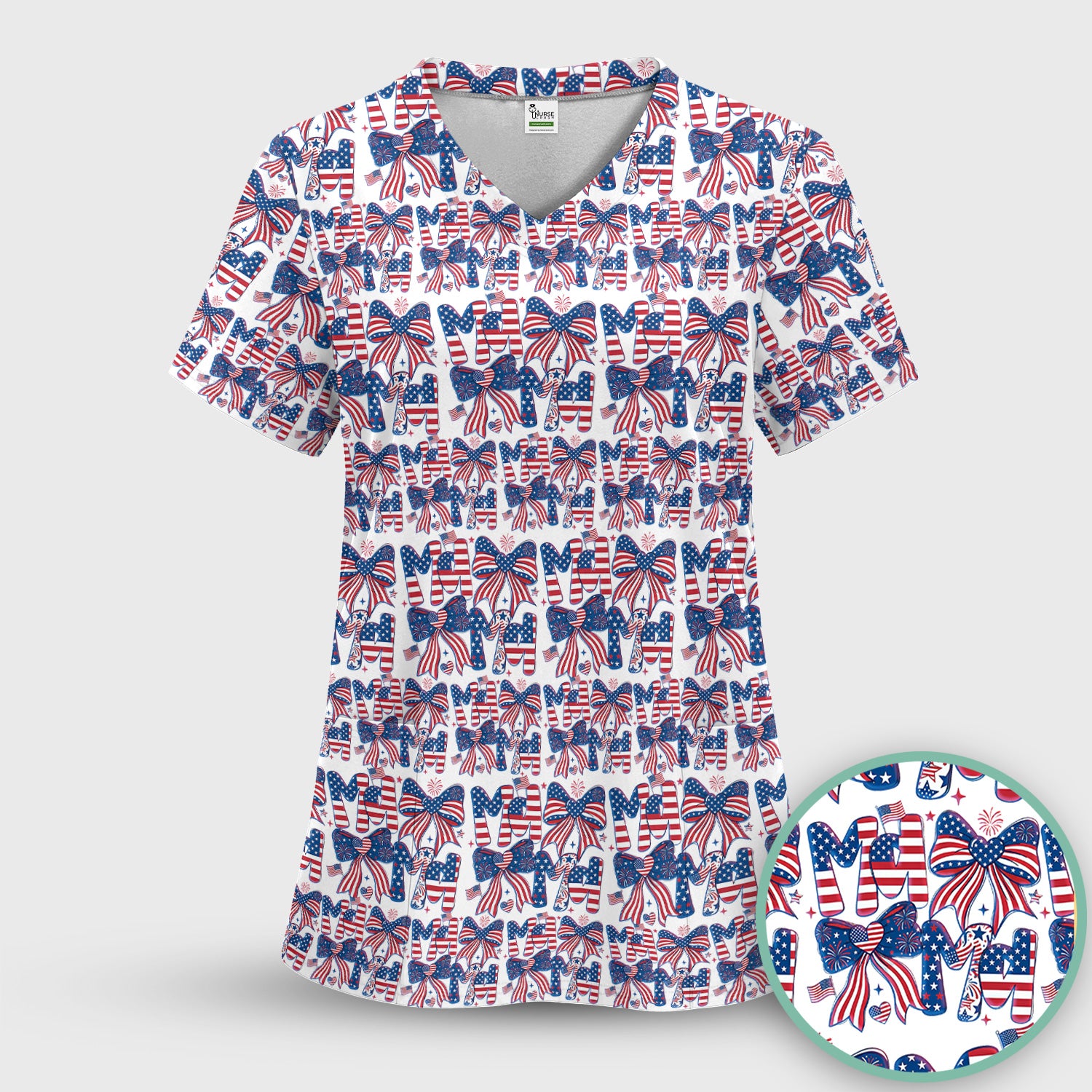 American Flag MaMa Bow Pattern Scrub Top, Comfortable Scrubs for Nurses