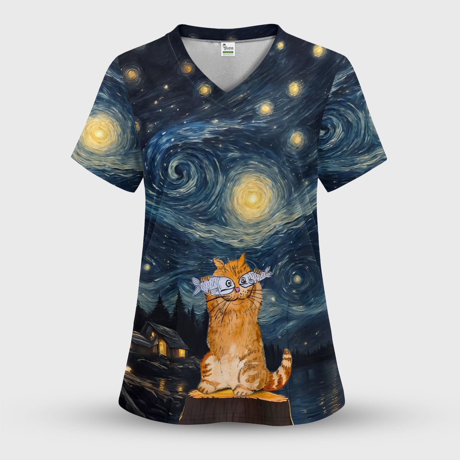 Cat Under Starry Night Sky Art Print Scrub Sets, Breathable Med Uniform