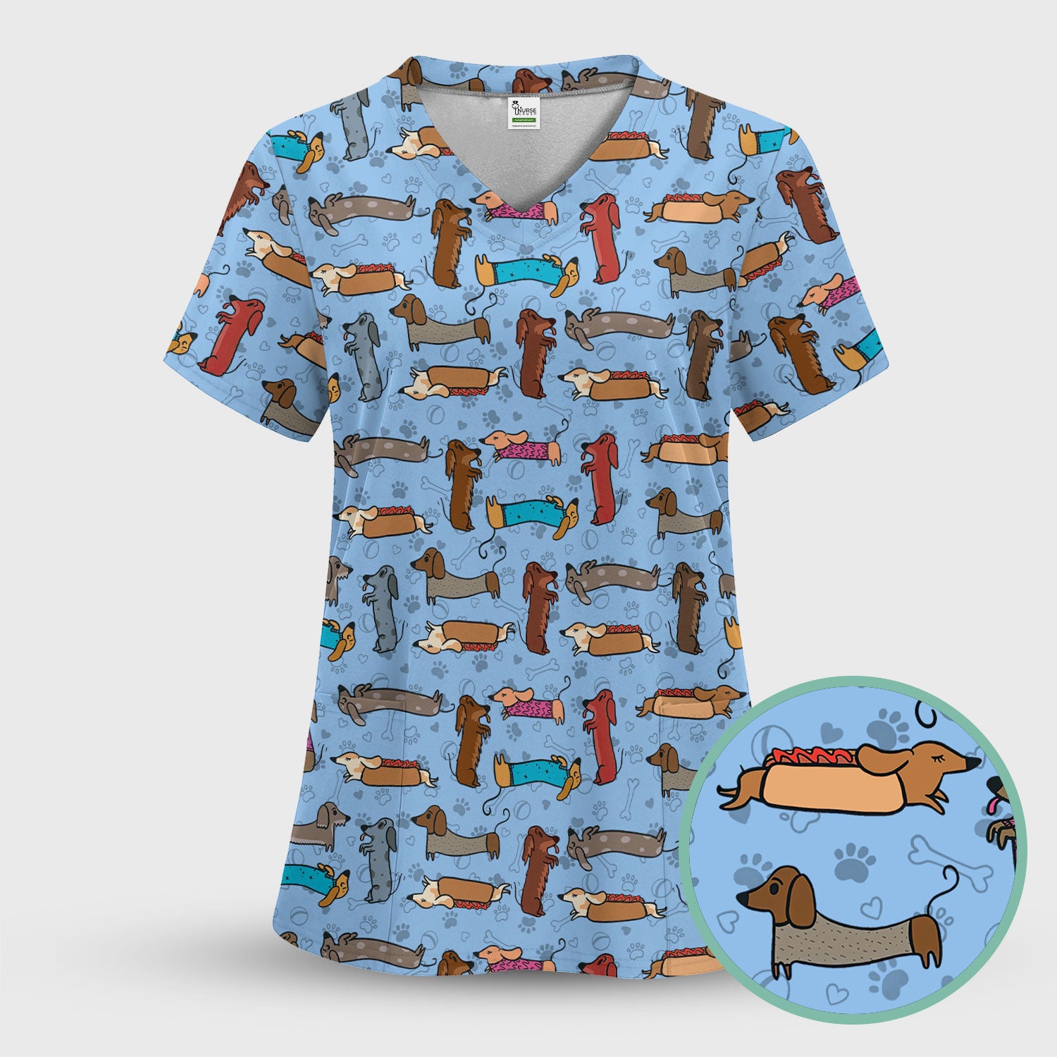 Cute Dachshund Scrub Top for Nurses - Colorful Wiener Dog Print Medical Uniform Shirt - Fun Sausage Dog Pattern Veterinary Workwear