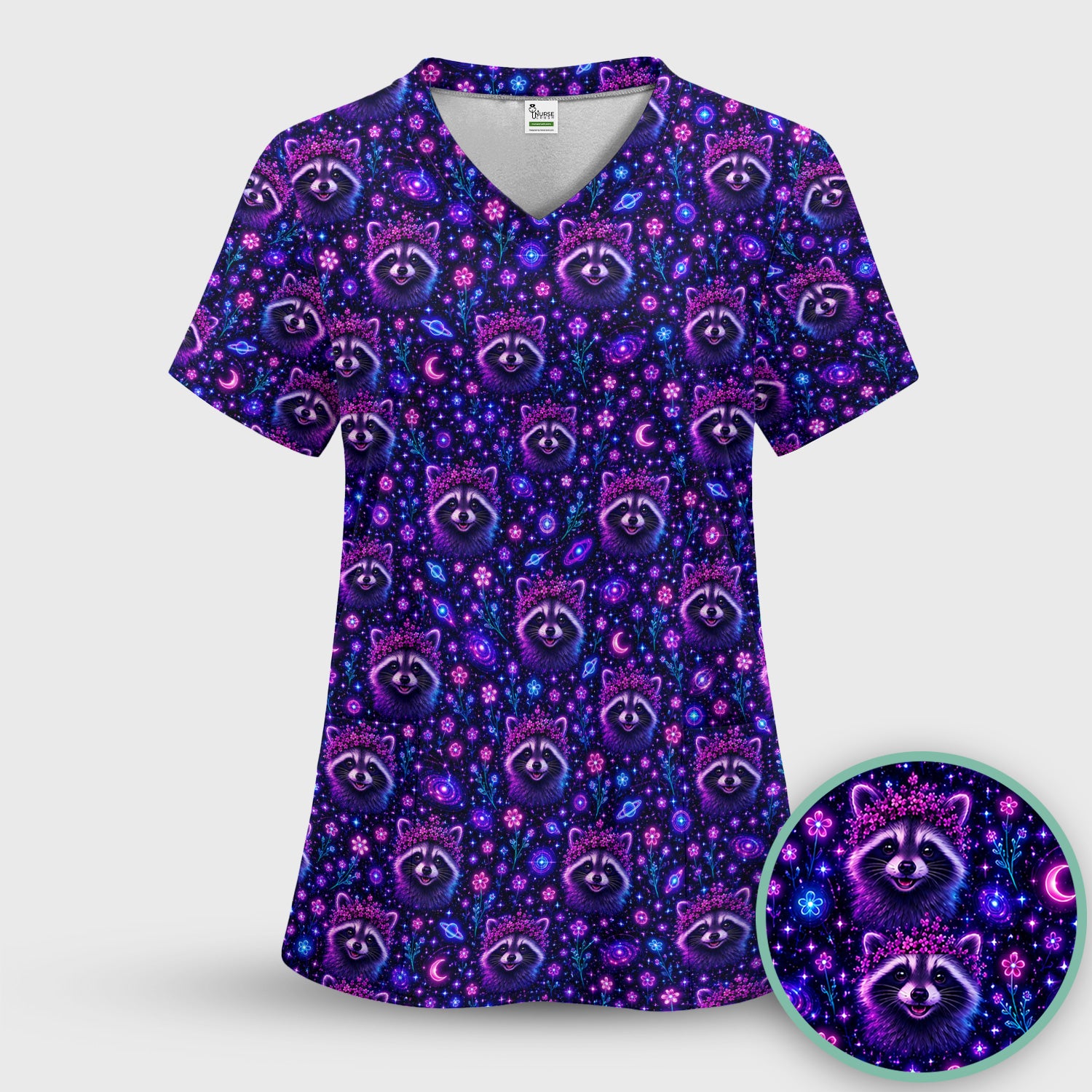 Galaxy Raccoon Nurse Pattern Scrub Top, Comfortable Scrubs for Nurses