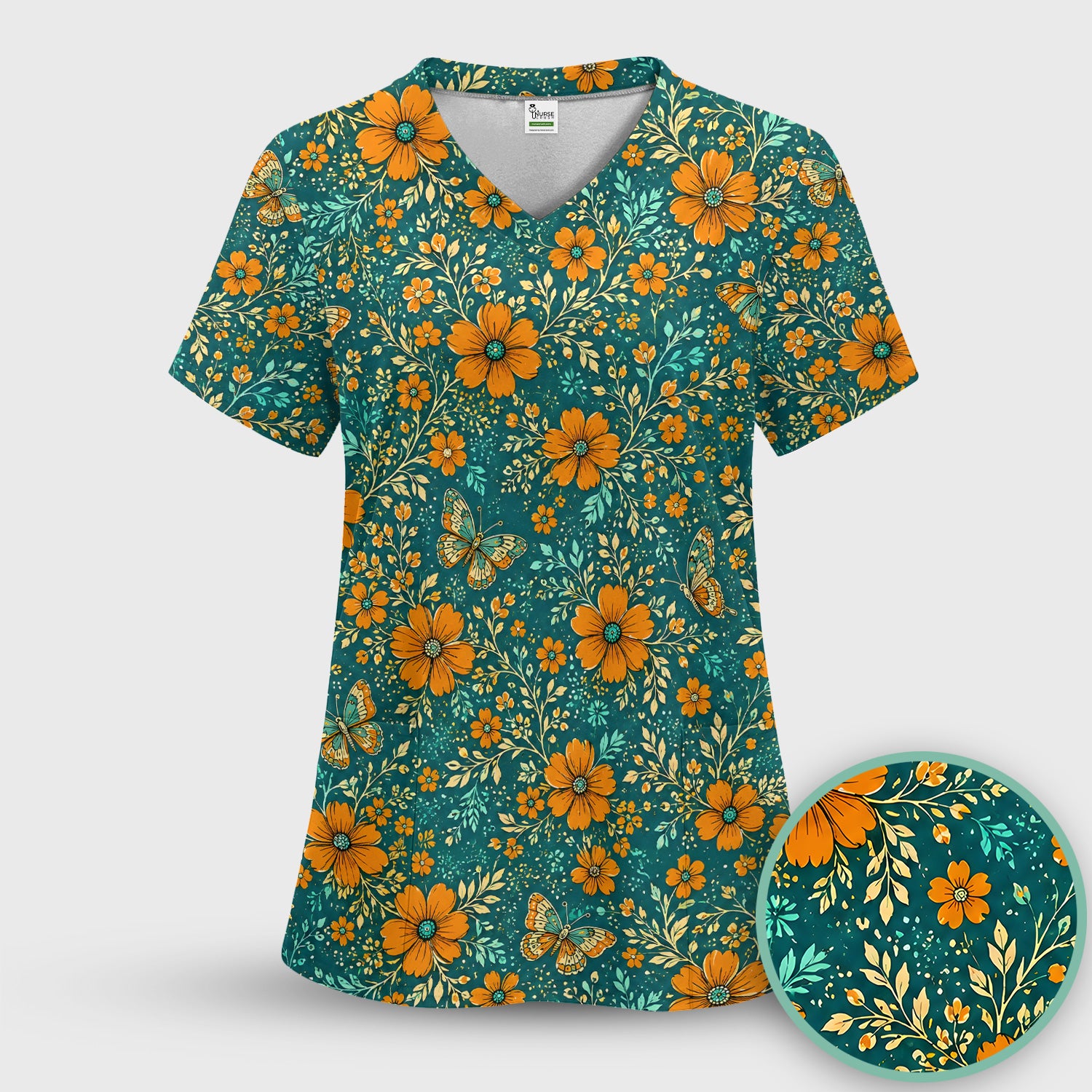 Orange Floral Butterfly Vine Pattern Scrub Top, Comfortable Scrubs for Nurses